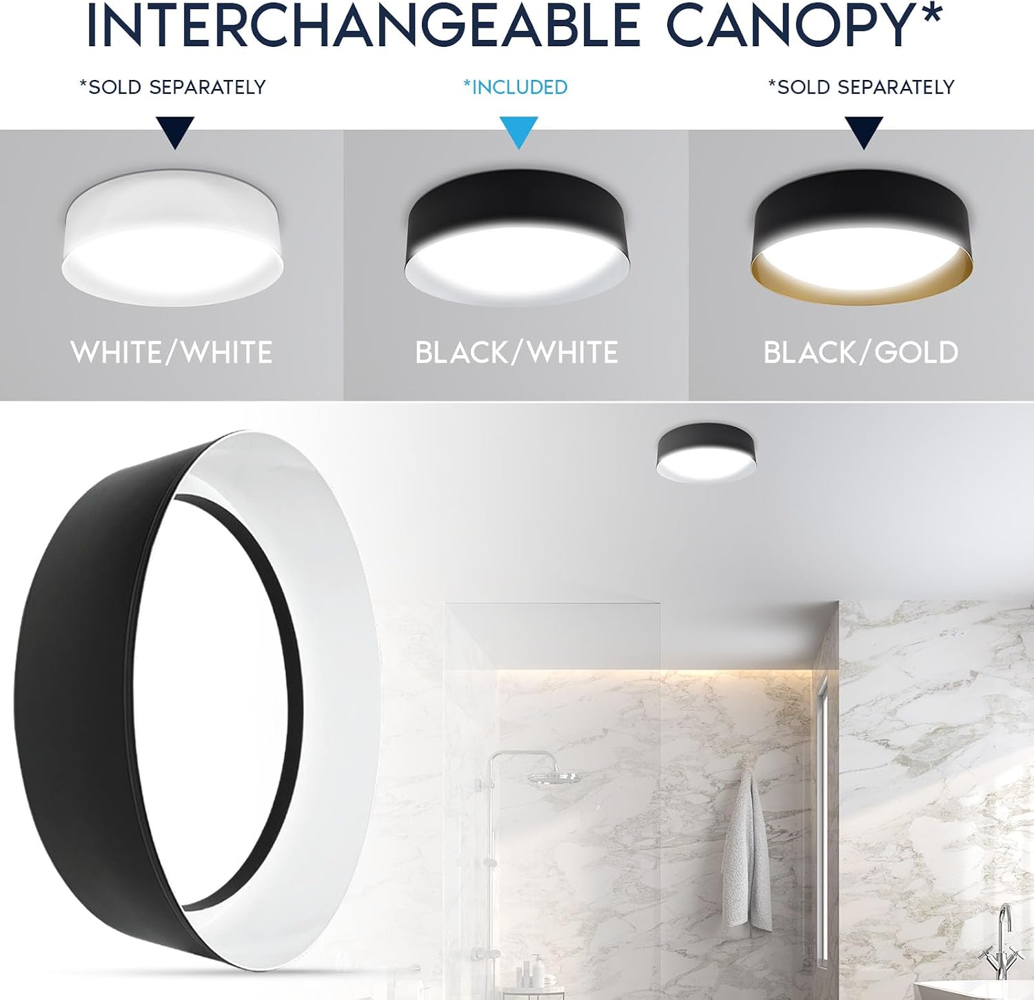 LUXRITE 17-Inch LED Flush Mount Ceiling Light, 5CCT Selectable 2700K–5000K, 2420 Lumens, 34W, CRI 90, Dimmable, Damp Rated, Decorative Flush Mount with Interchangeable Canopy - Black & White Finish