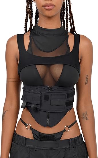 BAIMORE Womens Sexy Cyberpunk Y2k Mesh Patchwork Mock Neck Tank Top