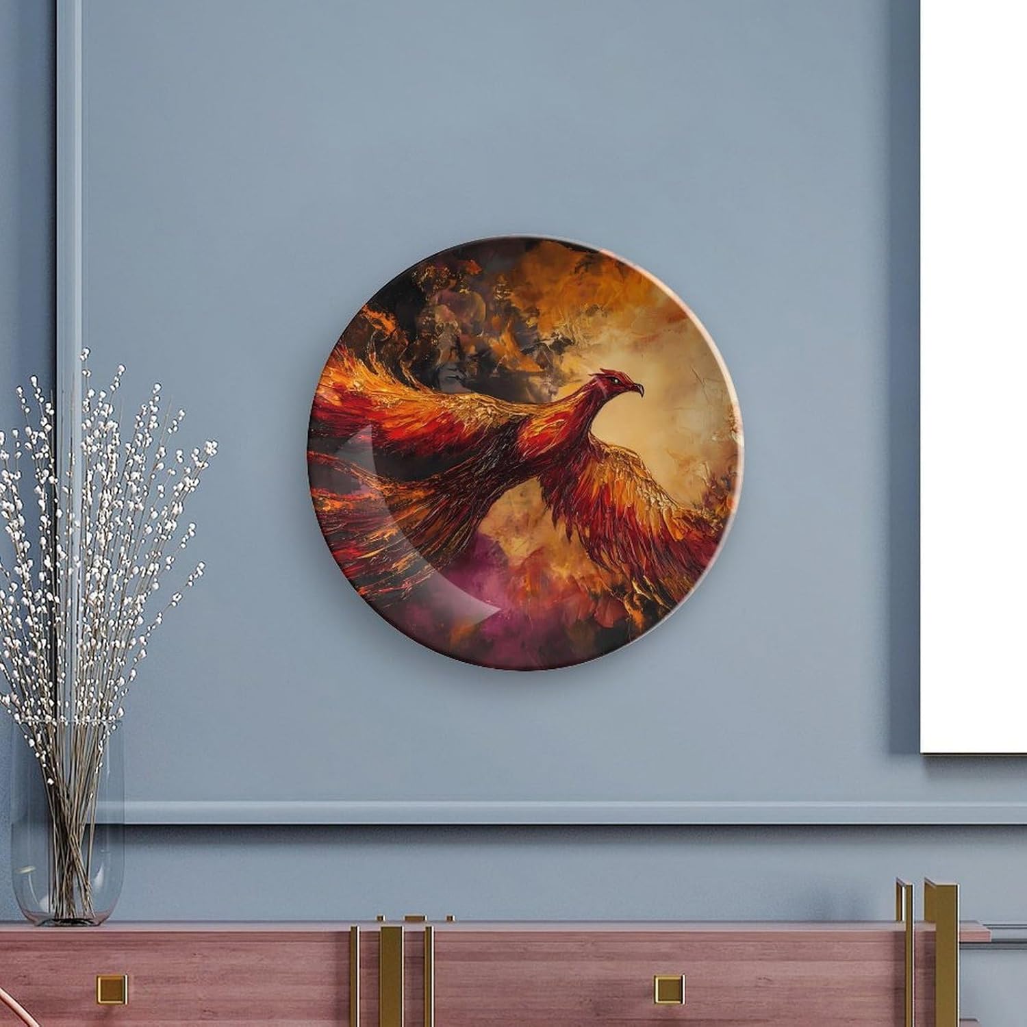 Phoenixes Soaring Flame Sky Decorative Plates for Display Ceramic Plate Tray with Stand Hanger Home Decor