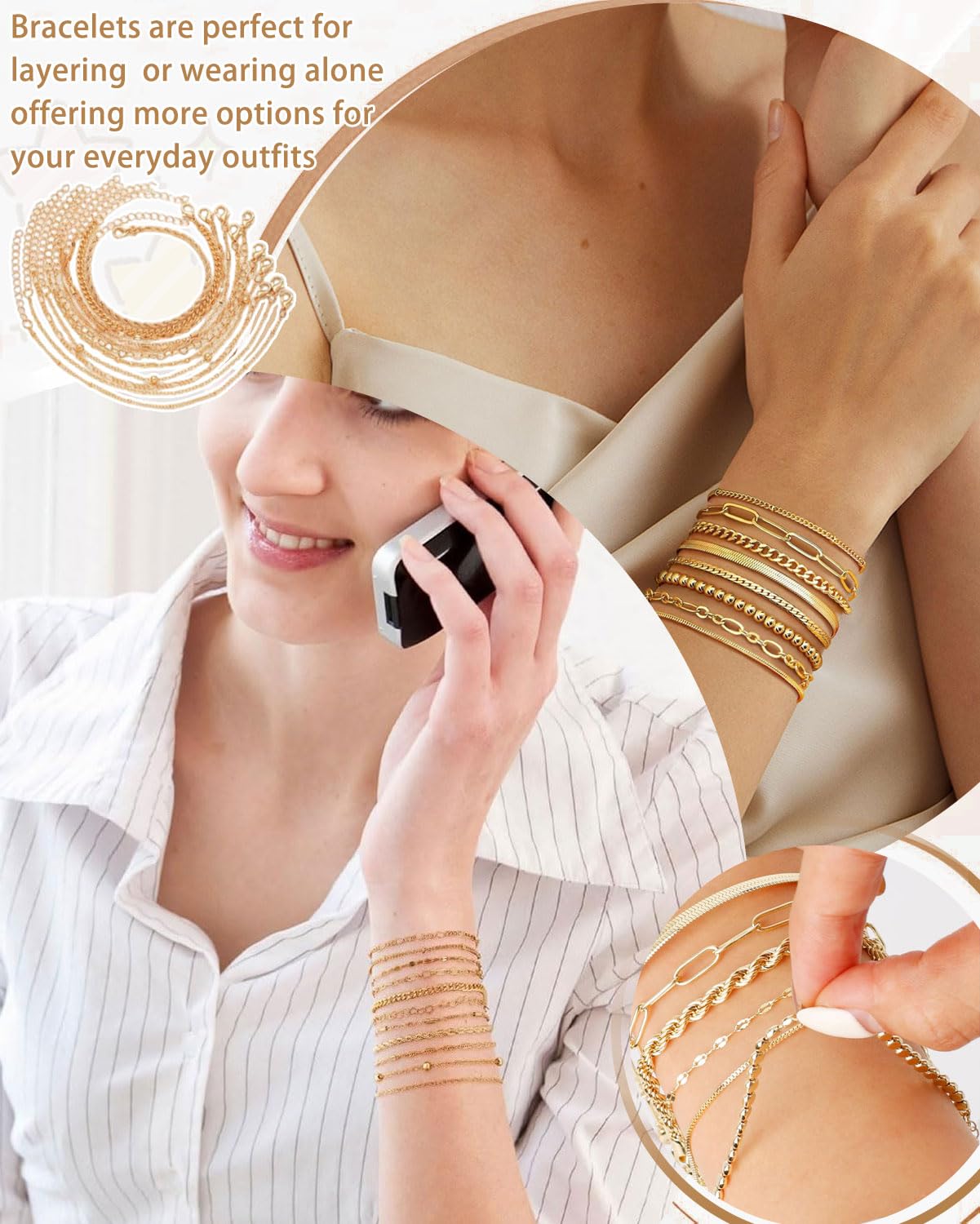 11pcs Delicado brazalete para mujer, Pulsera Mujer Acero Inoxidable Pulseras en Oro de Cadena de Serpiente Pulsera Ajustable Apilables Pulseras para Mujer, Simple y Filigrana, Oro — view 5