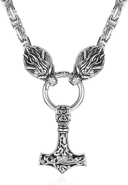 AllerPierce Thor Hammer Necklace for Men Stainless Steel Wolf Head Norse Viking Amulet Thor Mjolnir Pendant Necklaces Viking Jewellery