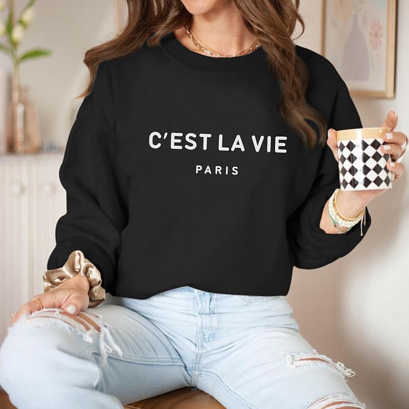 Lytiarul C'est La Vie Paris Sweatshirt For Women Oversized Graphic Crewneck Hoodie Casual Long Sleeve Shirt Pullover Tops(Black,L) image 3