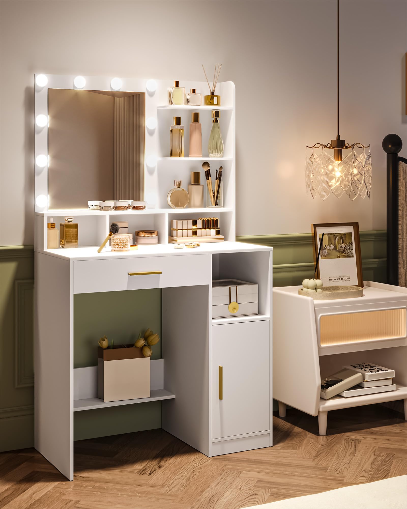 Hzuaneri Schminktisch mit Spiegel und LED-Licht, mit 3 Ablagen und 4 Offenen Fächern, Schminktisch mit Großen Schubladen und Schränken, 3 Fach Regulierbare Beleuchtung, Weiß VT08103X
