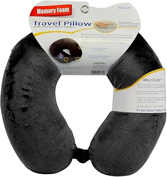 Cloudz Memory Foam Travel Neck Pillow with Snap & Pocket - Black
