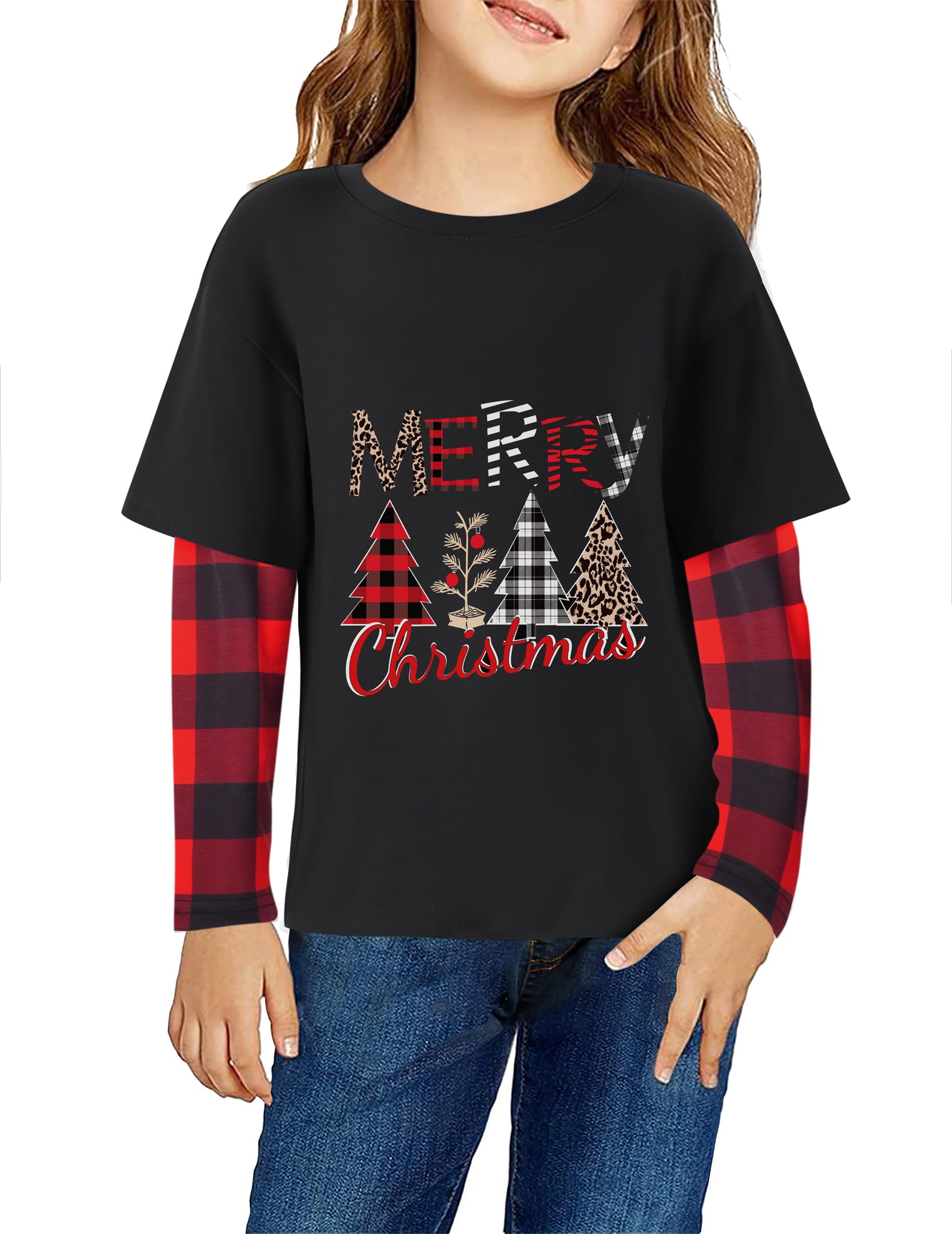 Arshiner Girls Christmas Halloween Long Sleeve Shirts Graphic Stripe Plaid Patchwork Top Tee