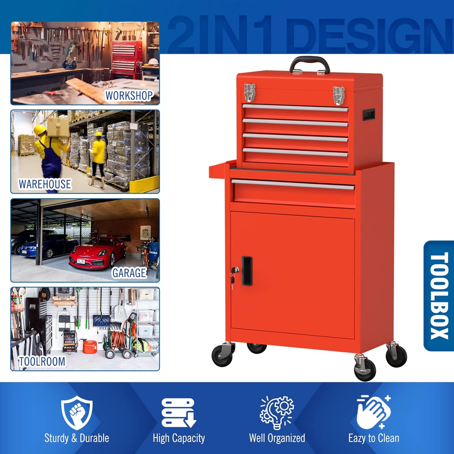 5-Drawer Rolling Tool Chest, Removable Tool Box with Wheels and Drawers, Tool Storage with Tray and Cabinet Organizer for Garage, Workshop, and Warehouse (Red)