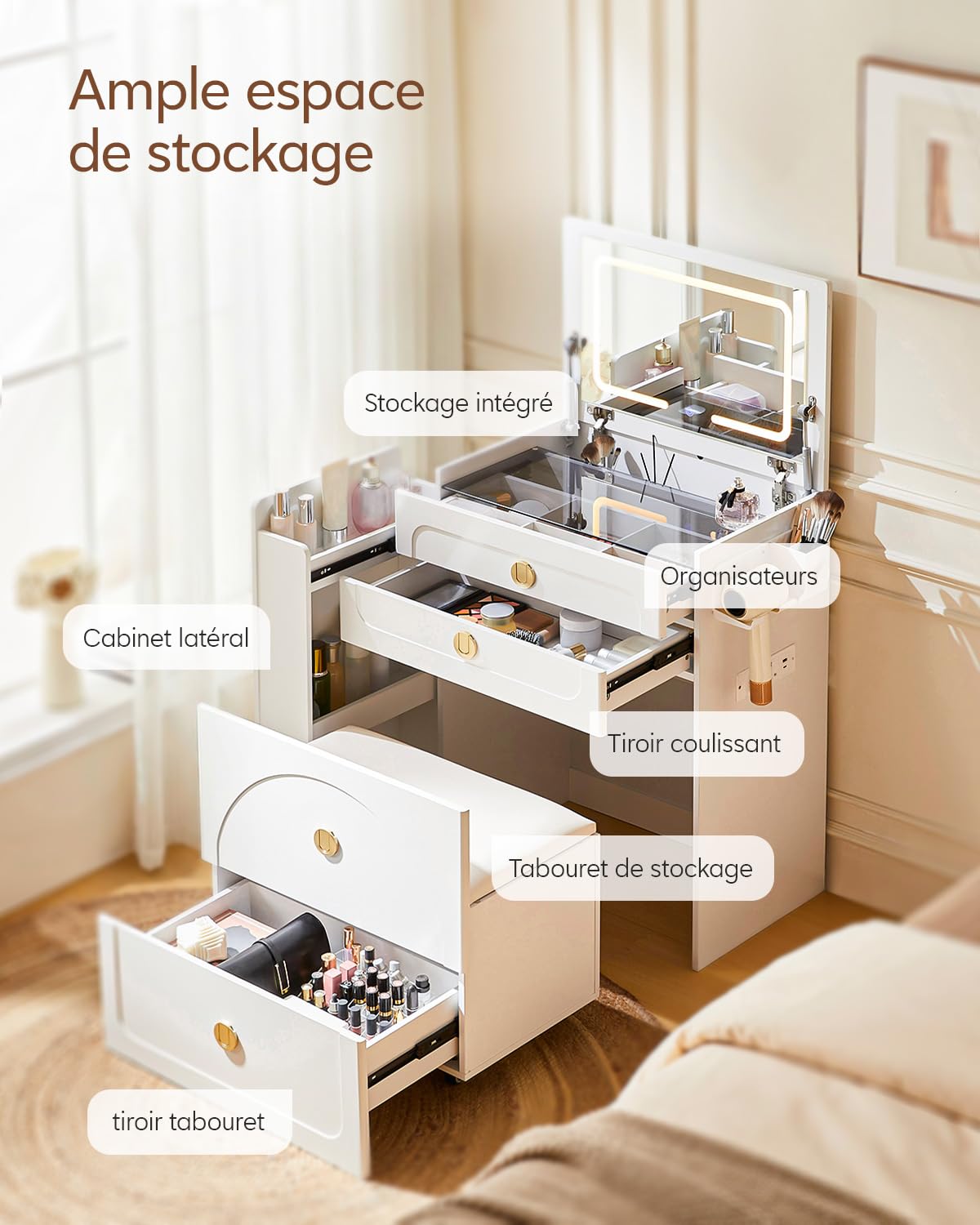 TUKAILAI 3 in 1 Schminktisch mit Klappspiegel Kosmetiktisch mit sichtbarer Glasplatte, 3 Schubladen, Seitiger Stauraumund, Aufbewahrungshocker, Vanity Table für kleine Räume Schlafzimmer, Weiß