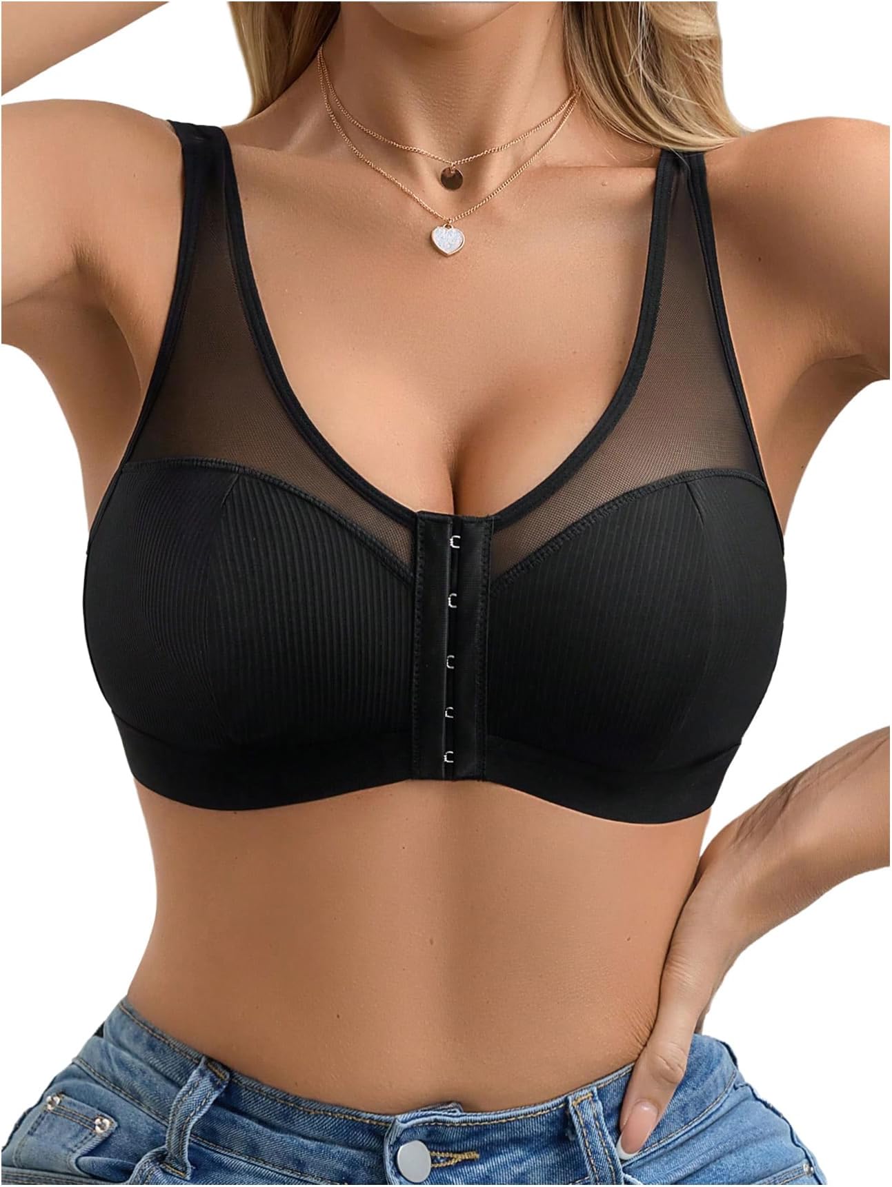 Women's Wireless Front Fastening Bras No Underwire Mesh Sheer Bralette Wire Free Everyday Bra