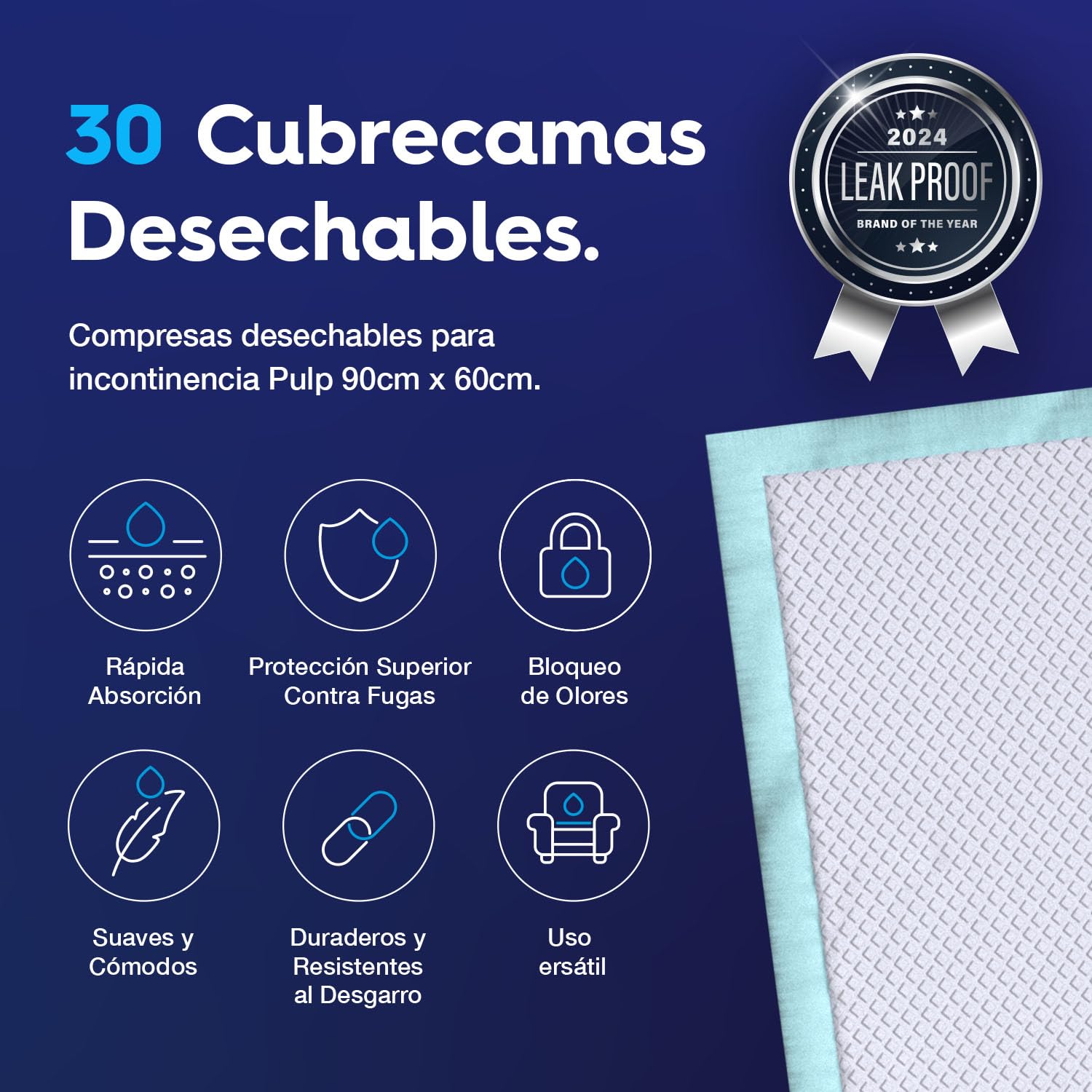30 Almohadillas Protectoras Desechables para incontinencia de 90 cm x 60 cm | Alfombrillas Protectoras Impermeables absorbentes para colchones, sofá y Silla para niños, Adultos y Ancianos