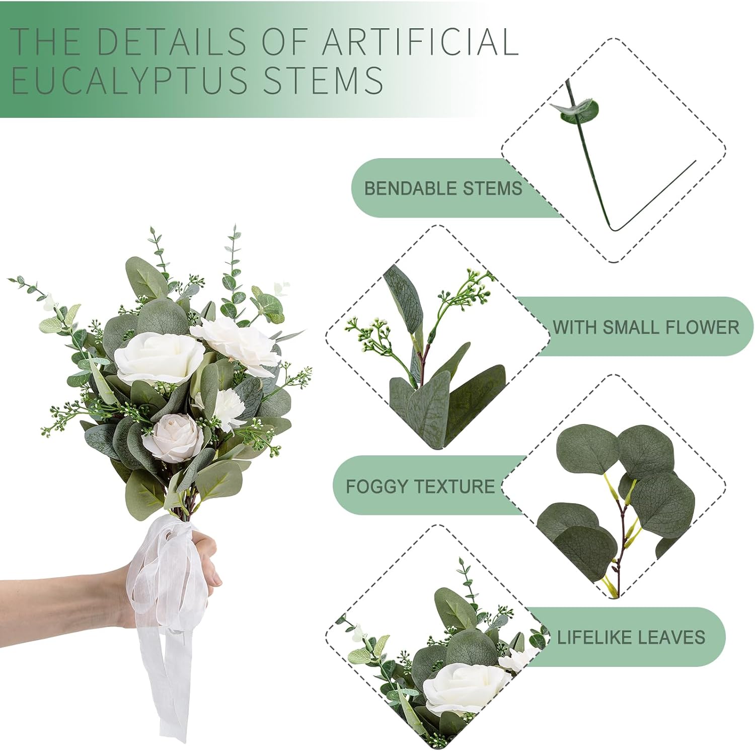 Cliselda 100pcs Artificial Eucalyptus Leaves Stems, 5 Kinds Mixed Fake Greenery Stems Bulk, Silver Eucalyptus Bundle Greenery Branches for Wedding Floral Bouquet Arrangement Centerpiece Decoration - Image 6