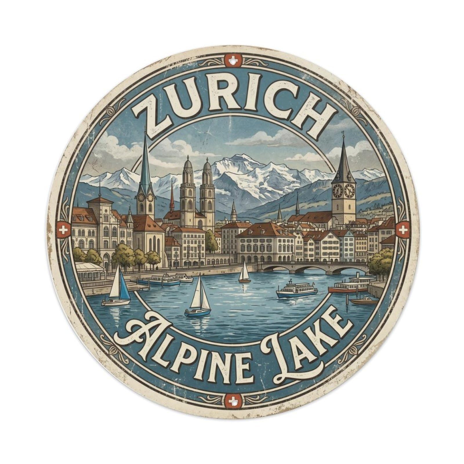 Vintage Travel Zurich Lake Alps Metal Tin Sign Plaque Wall Decor for Cafe, Club, Garden Round Metal Poster 8x8Inch