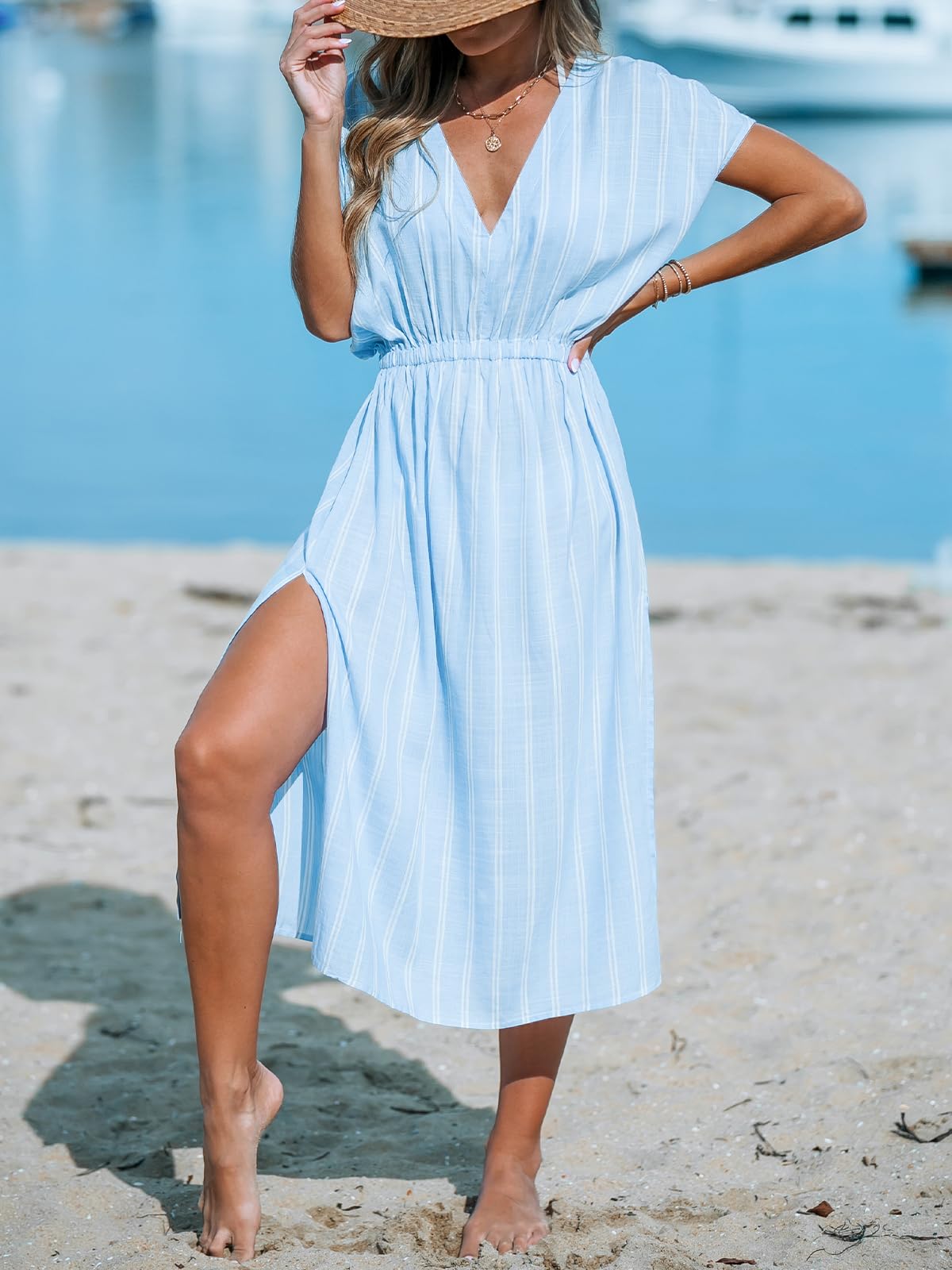 CUPSHE Damen Bikini Cover Up Strandkleid V-Ausschnitt Kurzarm Seitenschlitz Elastikbund Sommerkleid Beach Midi Dress