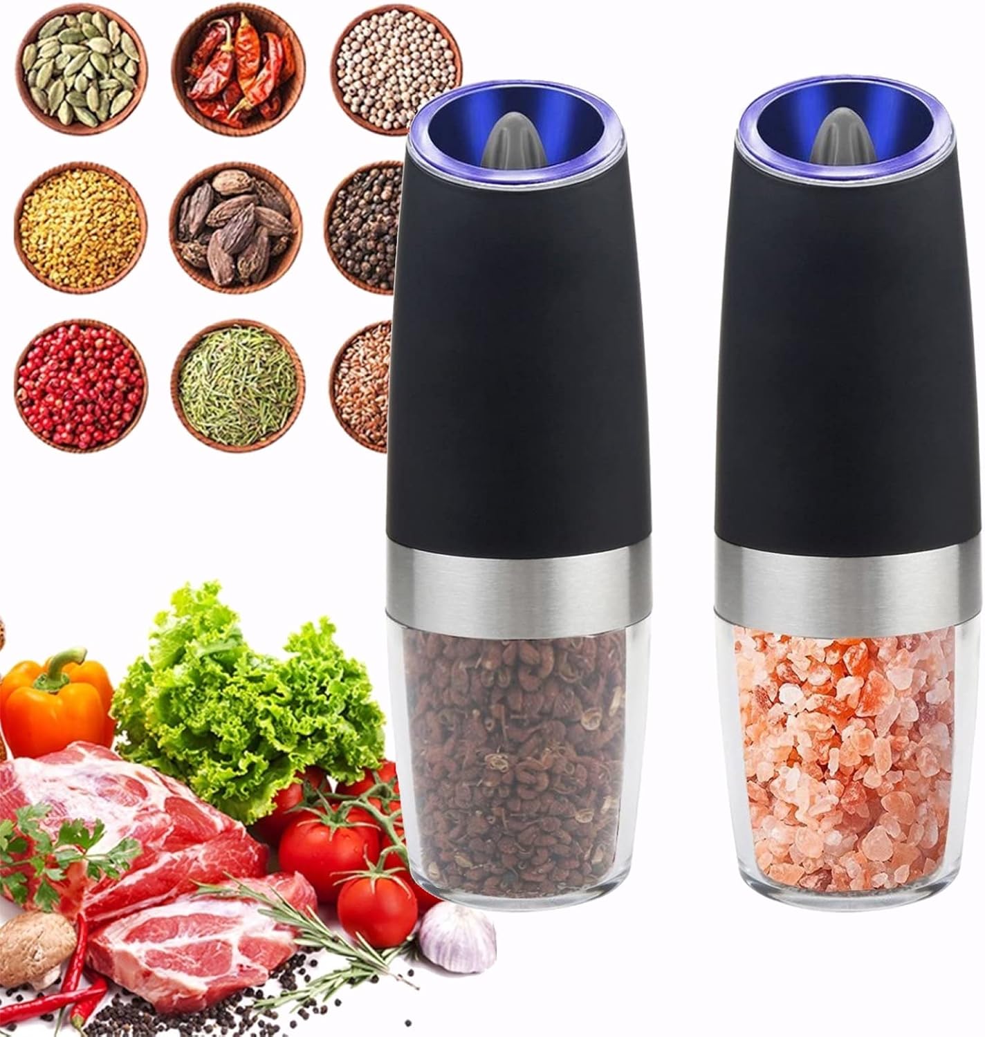 2 Pack Electric Gravity Pepper Grinder Automatic Salt and