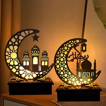 FUFRE Pack of 2 Ramadan Decorative Lantern Ramadan Decoration Crescent Moon Star Lights Muslim Islam Eid Ramadan Festival Decorations Crescent Moon Night Light for Parties Home and as a Gift 2PCS-B [Energy Class A+]