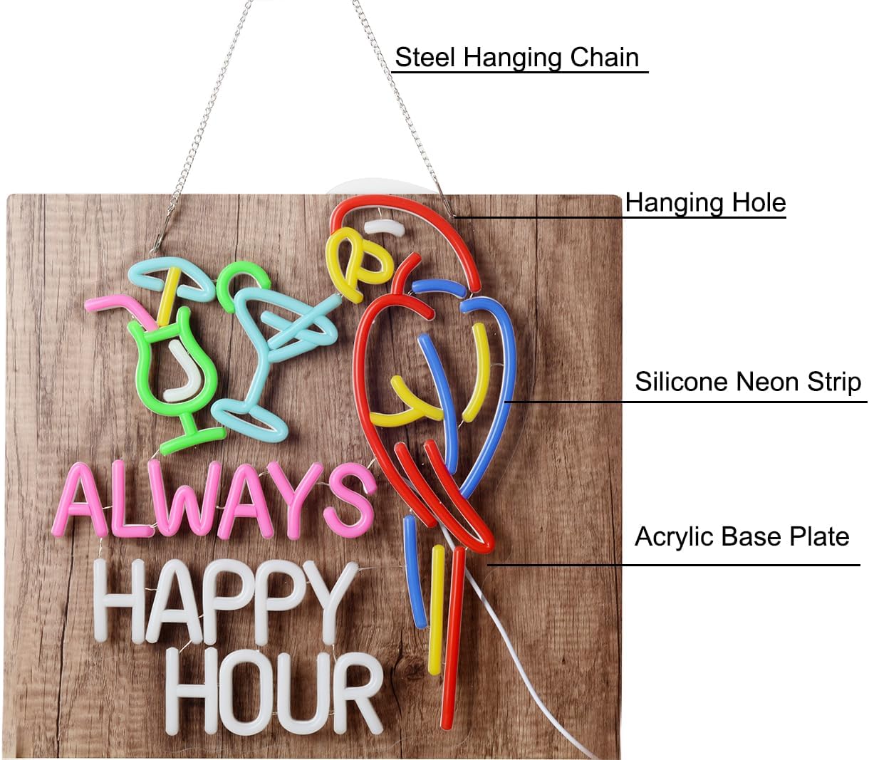 Parrot Always Happy Hour LED Neon Sign, 15"x12.2" USB 5V Bar Neon Light image 2