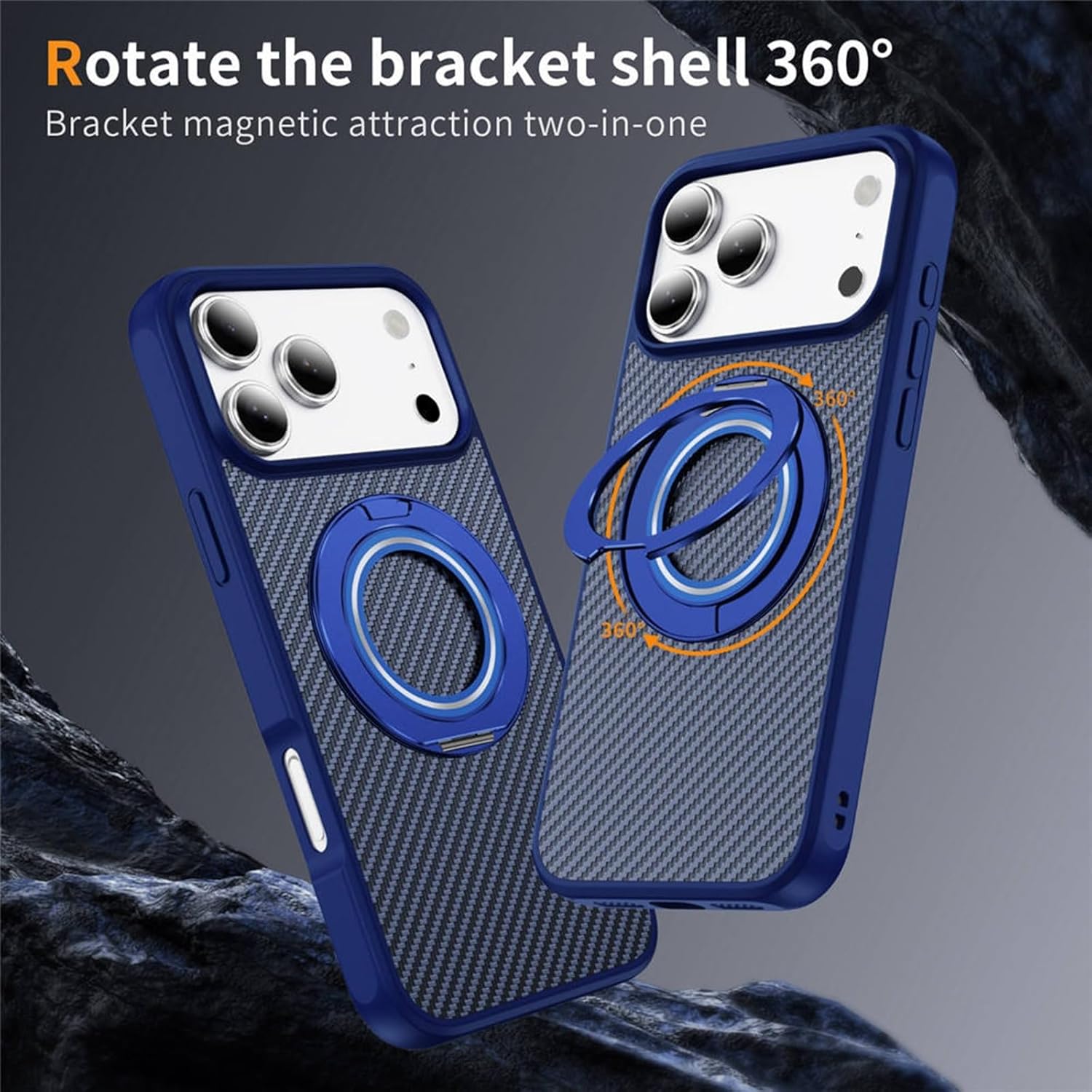 Carbon Fiber Pattern Magnetic Case for iPhone 17/17 Air/17 Pro/17 Pro Max, Slim Cover with Metal Ring Stand & Wireless Charging Support(Gray,17 Pro)