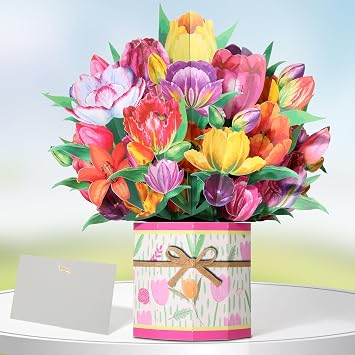 Tidponra Pop Up Card Women, 3D Flower Birthday Cards Popup Tulips Bouquet Get Well Soon Cards with Envelope and Note Card for Mothers Day, Anniversary, Birthday, Home Decor
