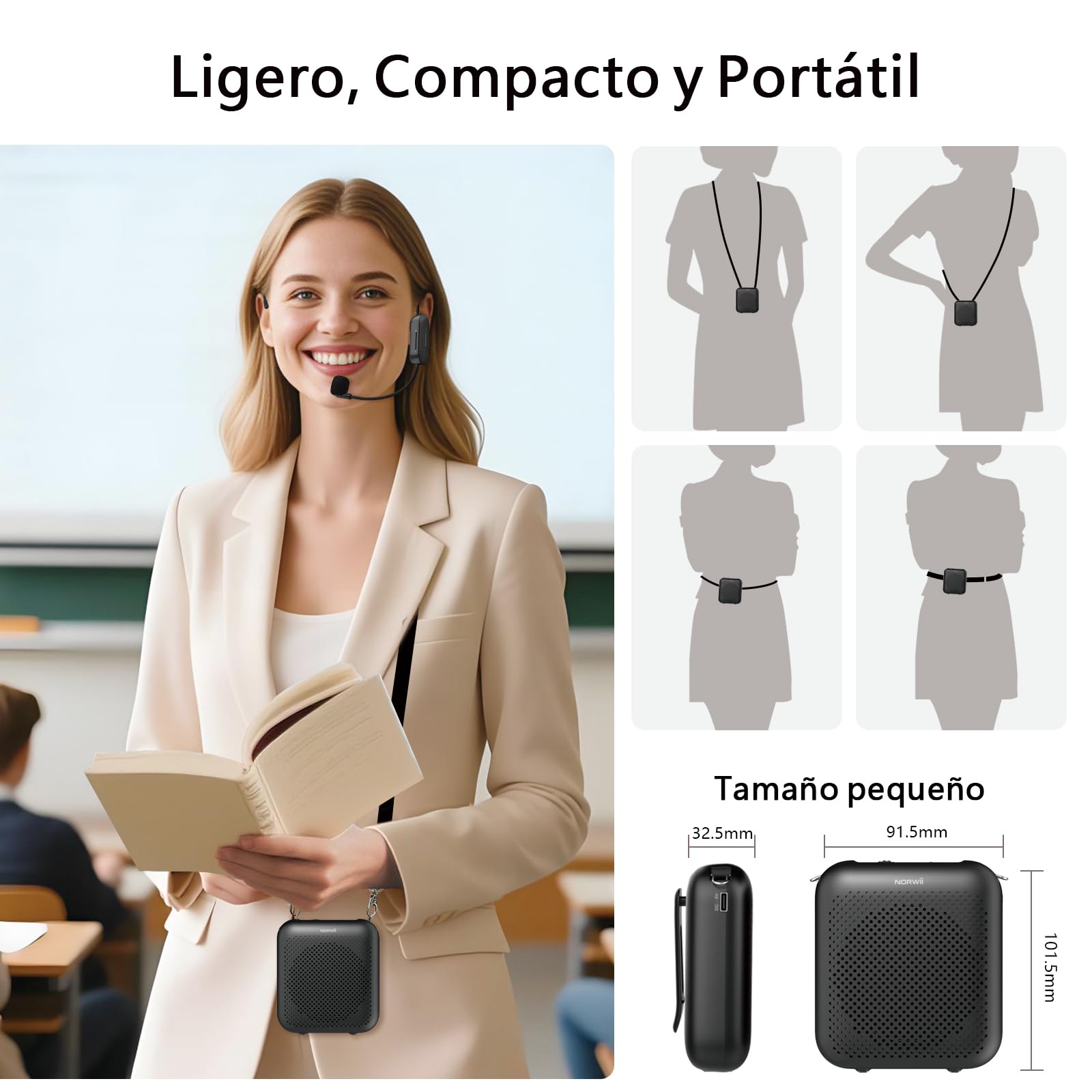 Norwii Amplificador de Voz Inalámbrico para Profesores, Minialtavoz Sistema de Megafonía Bluetooth Portátil 15W con 2 Micrófonos de Diadema, Batería Recargable 5200mAh para Clases/Guias/Conferencias