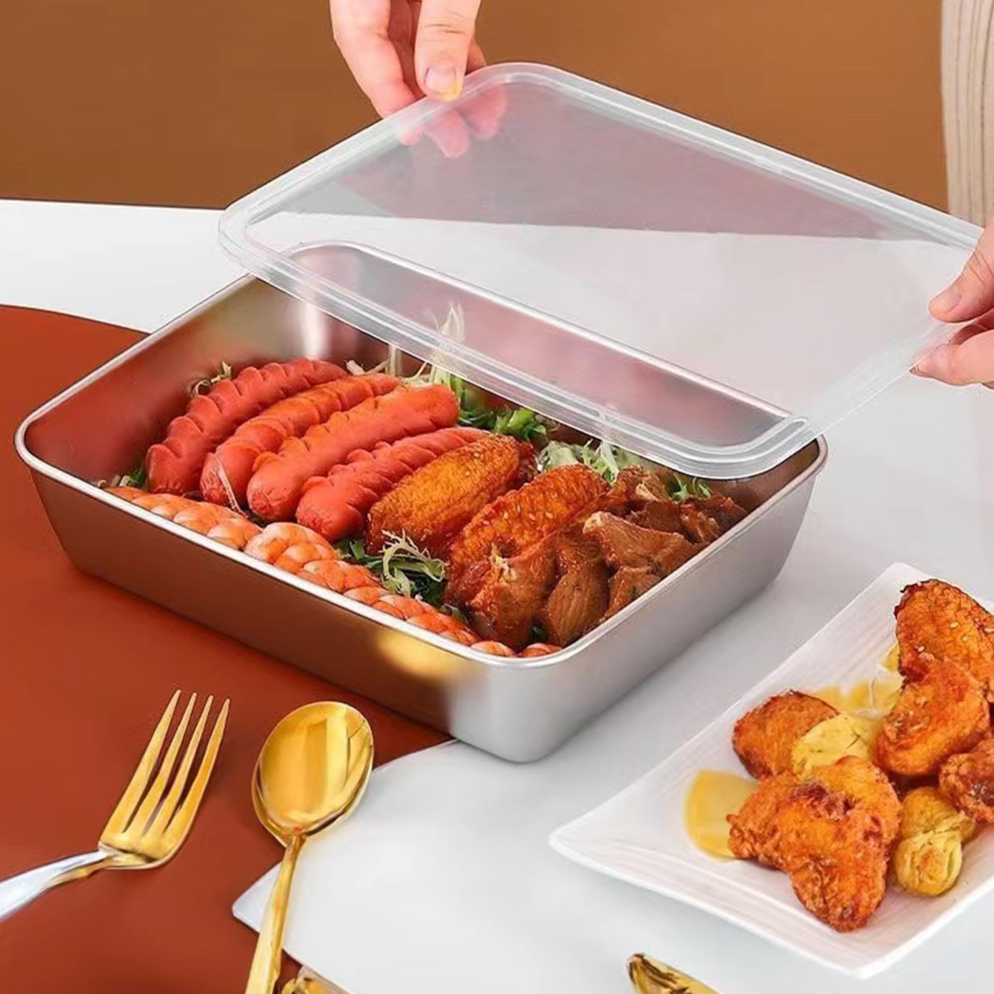 5pcs Edelstahl -Lebensmittelbehälter, stapelbare Lebensmittelablagerungsbox mit Plastikdeckel, Fleischküste für Kühlschrank oder Picknick, Grillparty, Büro Mittagessen, Küchenspeicherorganisation