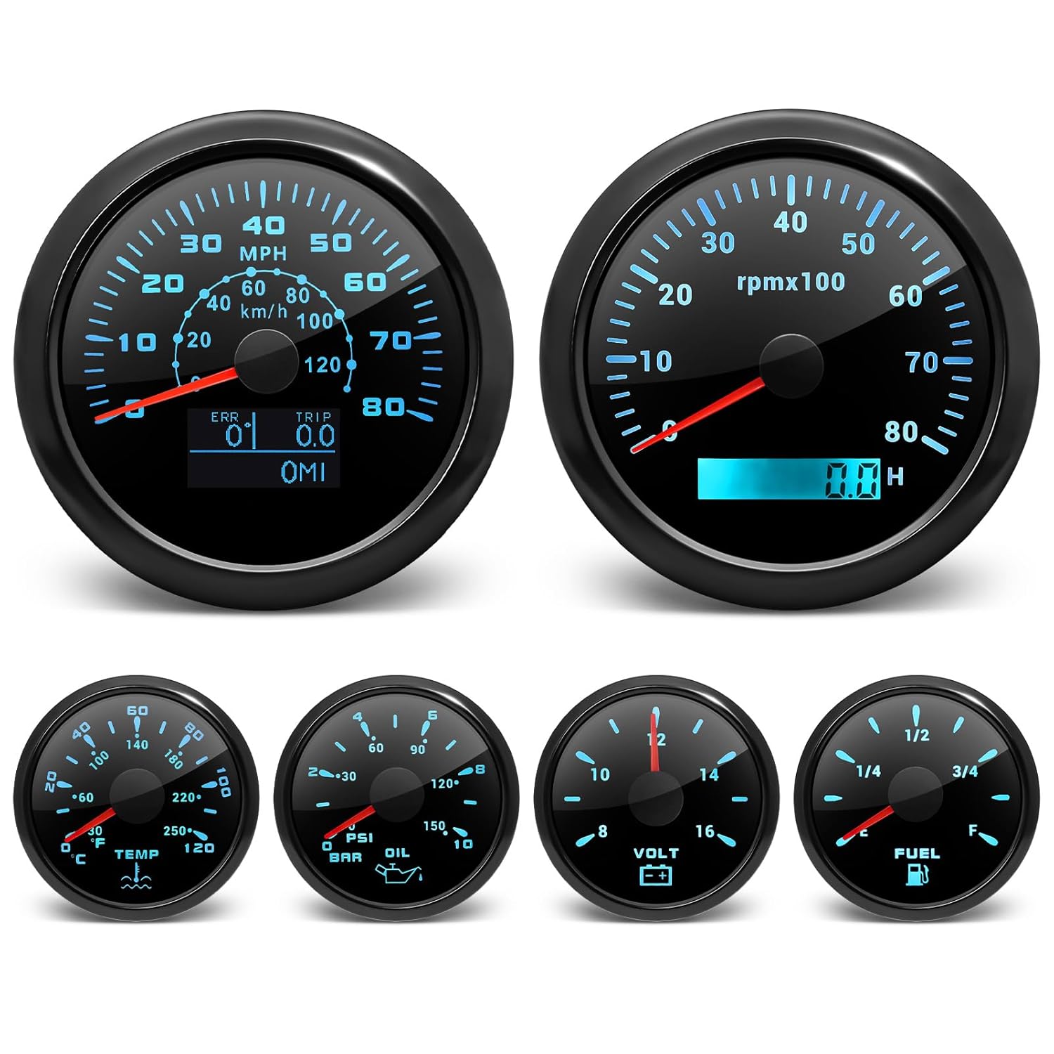 ARTILAURA 6 Gauge Set-GPS Speedometer, Tachometer, Oil Pressure, Fuel Level, Water Temperature, Voltmeter 7 Color Boat Gauges Kit Marine AUTO (All Black)