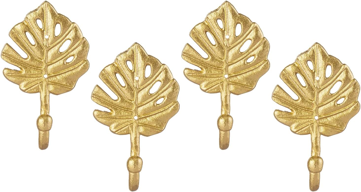 MyGift Vintage Gold Leaf Design Wall Hanging Hooks, Metal Monstera Leaves Wall Mounted Entryway Storage Coat Hooks, Set of 4 - Handcrafted in India