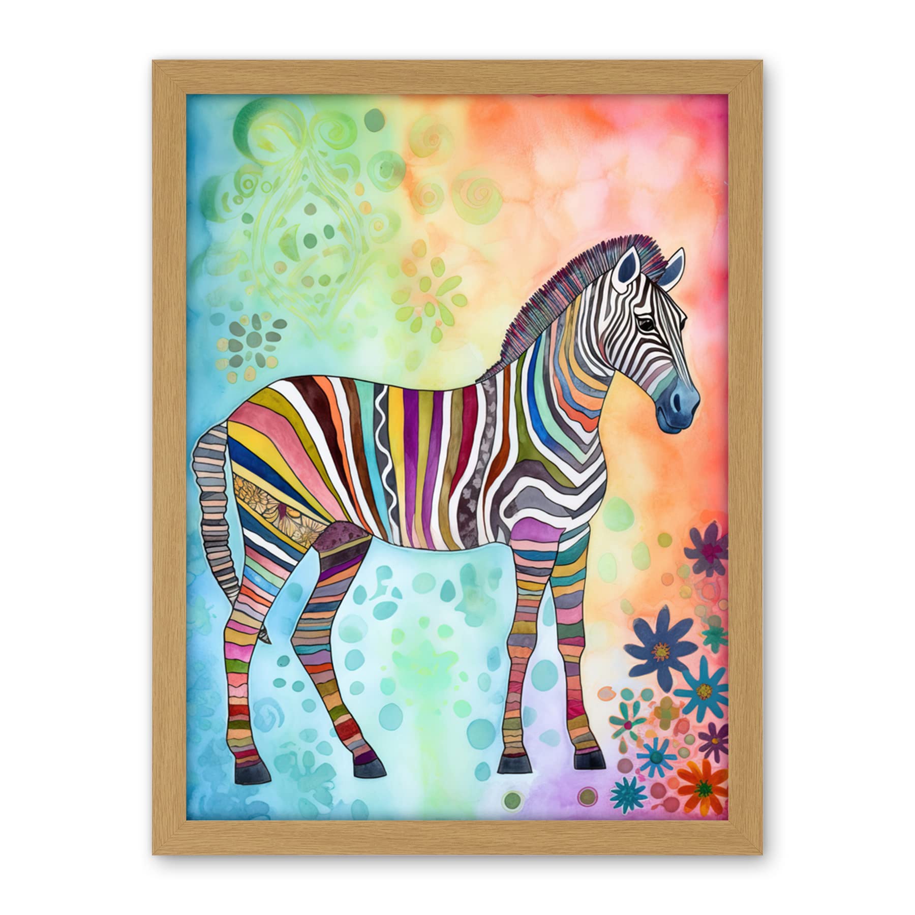 Artery8 Rainbow Floral Zebra Folk Art Artwork Framed Wall Art Print 18X24 Inch