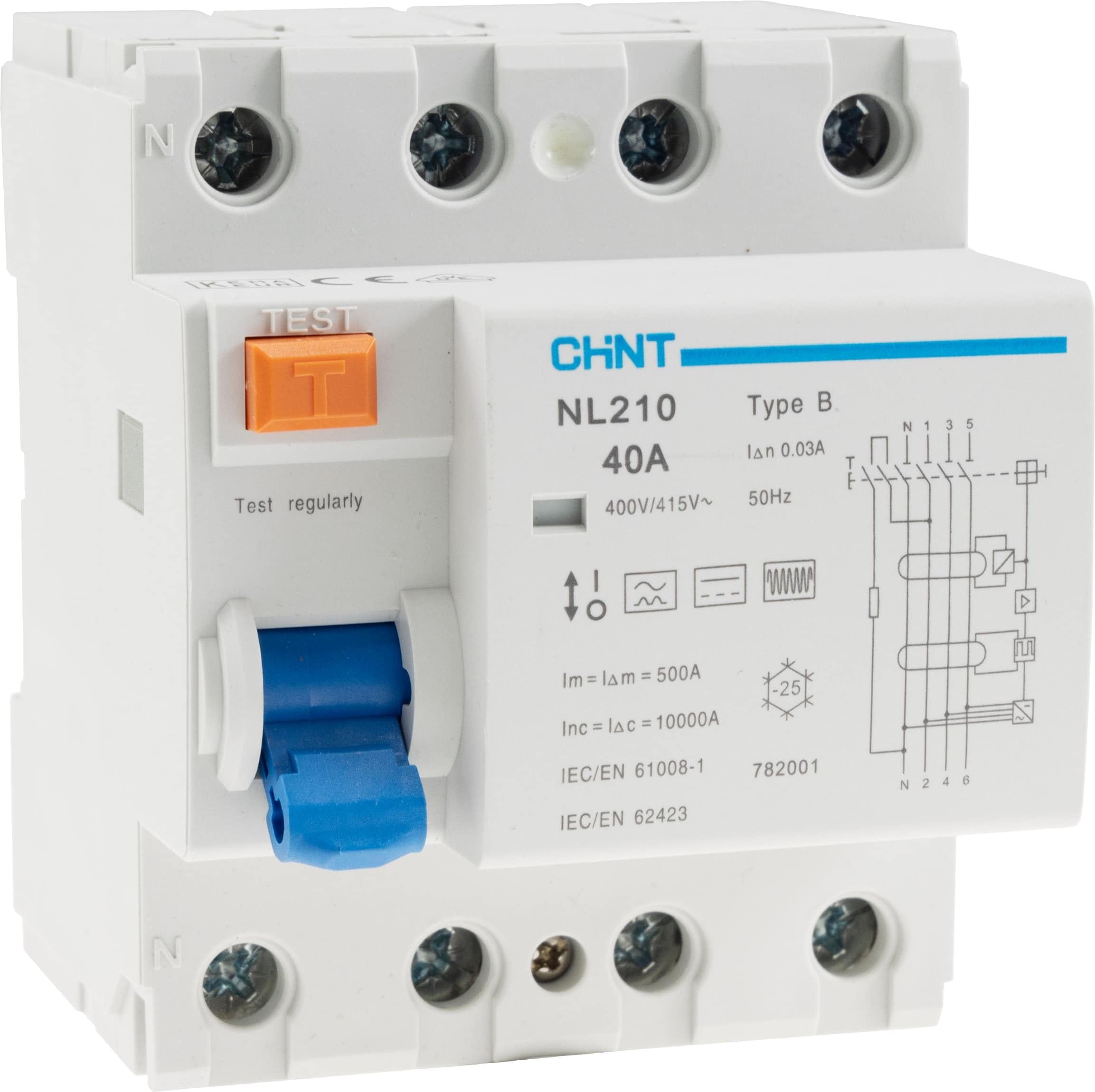 Chint 782001 - Interruttore di protezione a corrente di errore FI B/10 kA, 3 poli, 40 A, 0,03 A