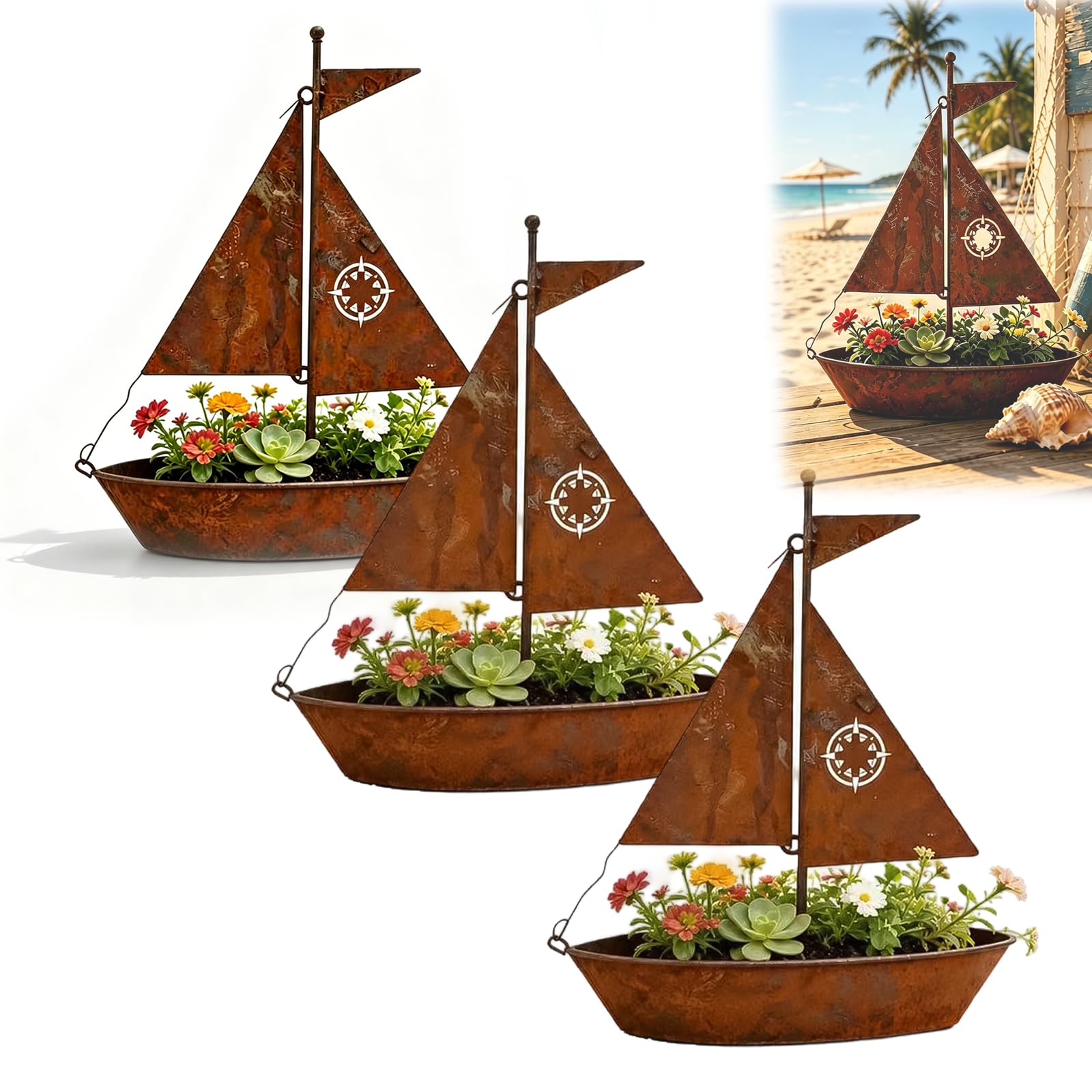NNBWLMAEE Rustic Sailboat Metal Planter 3D Nautical Decor Vintage Iron Nautical Succulent Planter for Home Garden Patio Balcony Tabletop Decoration (3pcs)