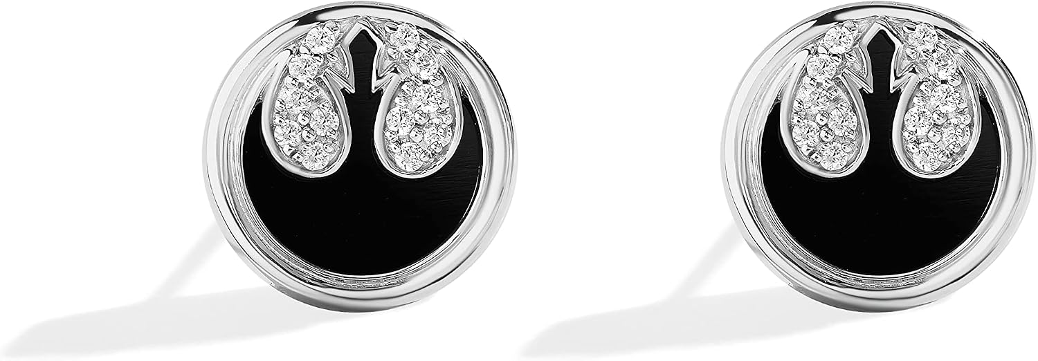 Jewelili Star Wars™ Fine Jewelry The Rebel Women's Earrings 1/10 Ct.Tw White Diamonds and Black Onyx, Sterling Silver