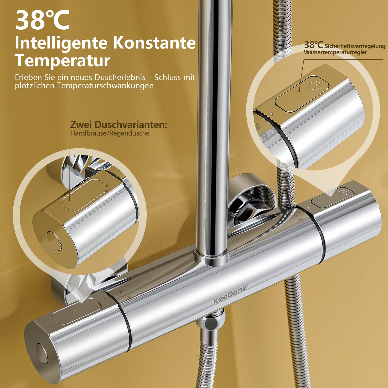 Duschsystem mit Thermostat Edelstahl Regendusche 25cm Handbrause 3 Strahlarten Duscharmatur Komplettset Höhenverstellbar mit Anti-Verbrühungsschutz Wassersparend Einfach Installieren