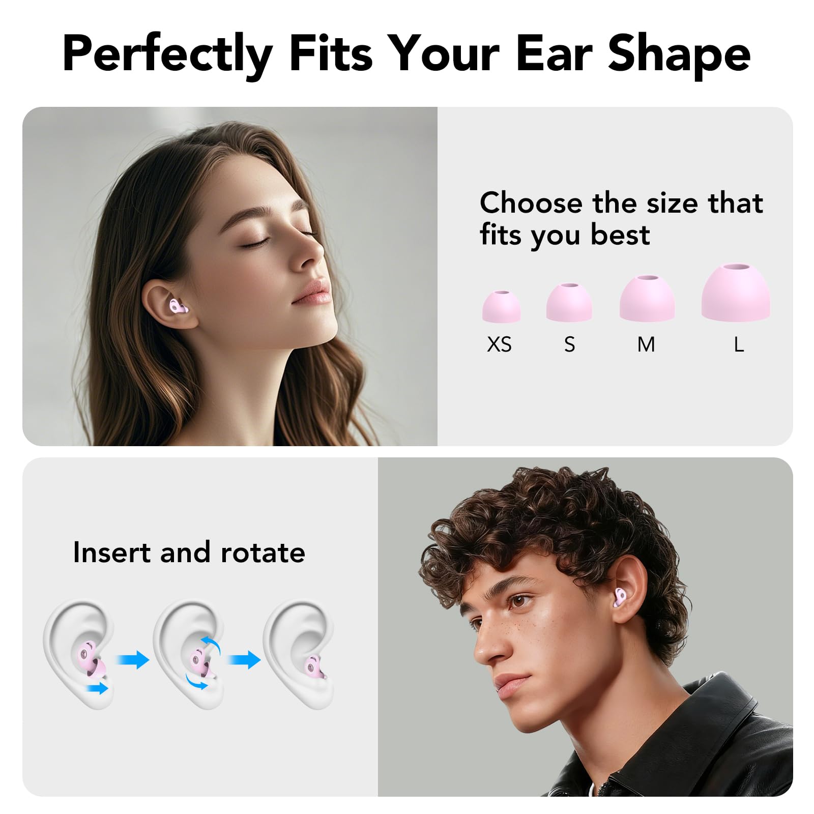 Tappi per le orecchie per dormire, protezione dell'udito per dormire, 45 dB di cancellazione del rumore, in silicone, morbidi e riutilizzabili, 8 auricolari in 4 misure (XS/S/M/L), per aereo concerto