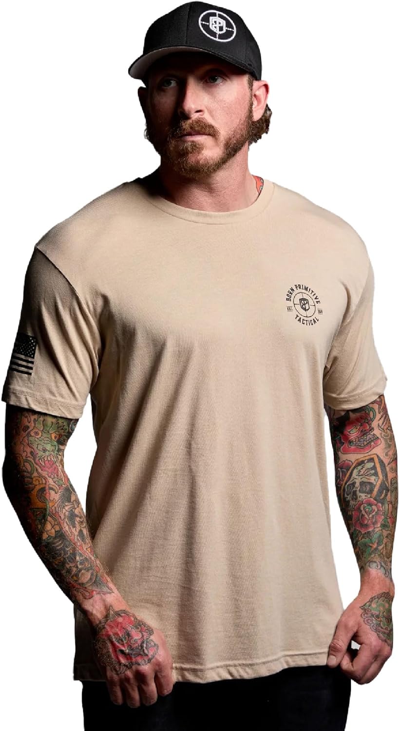 Born Primitive Unisex Tactical Skull Tee - Lightweight Athletic Fit Short Sleeve Crew Neck T-Shirt with American Flag Sleeve