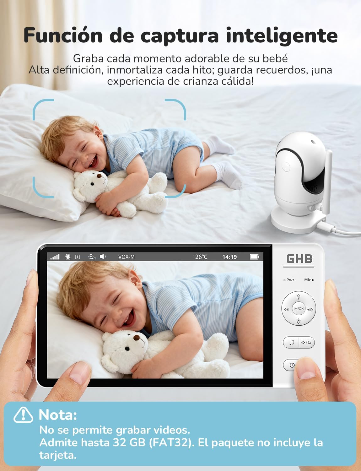 GHB Baby Monitor showing a baby laughing on screen with a camera in the background, highlighting the smart capture function