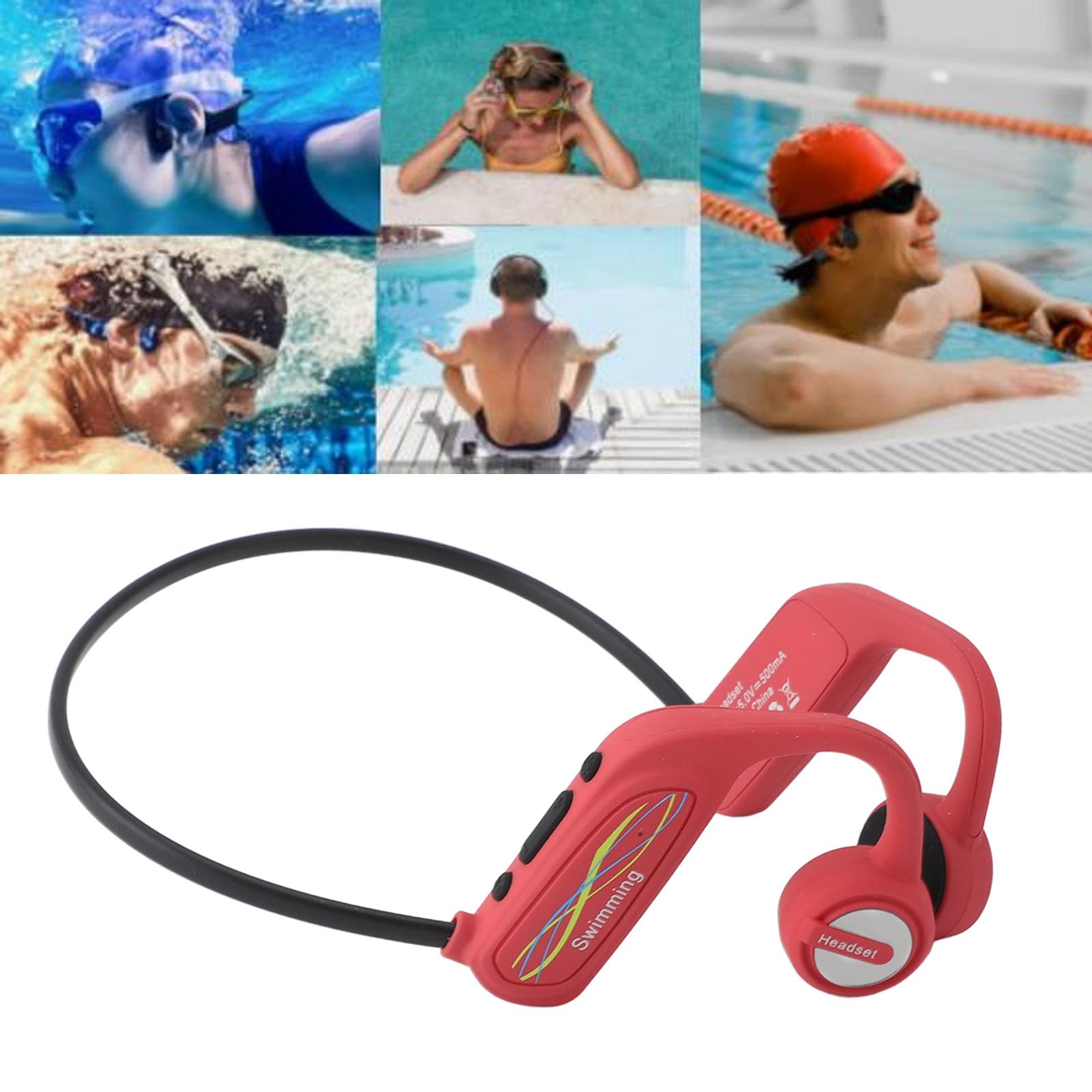 Profesjonalne podwodne słuchawki wodoodporne Non in Ear Wireless IP68 Bluetooth 5.0 Słuchawki przewodnictwo kostne z pamięcią 16G do pływania na rowerze Otwarte ucho (Czerwony)
