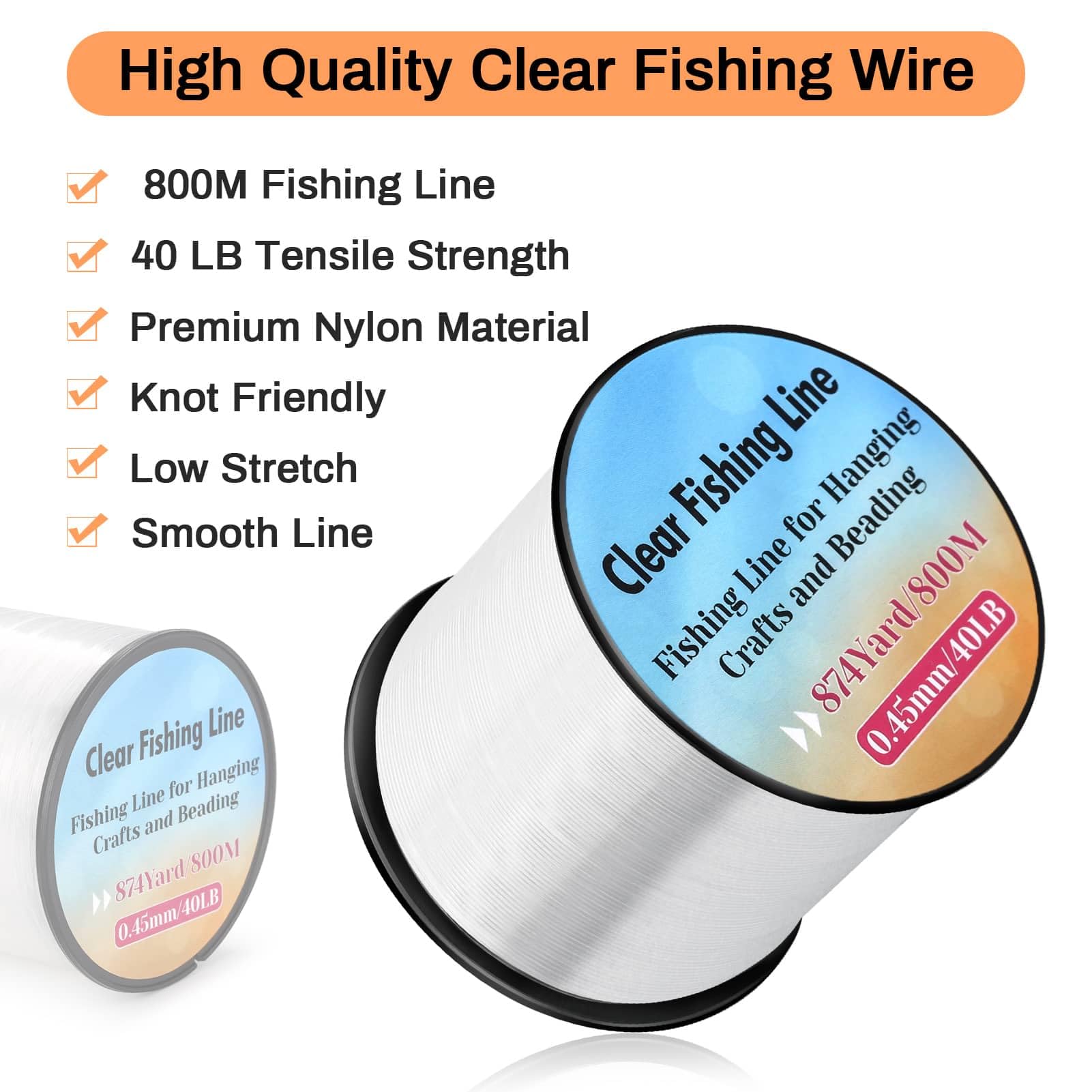 Clear Fishing Wire Nylon Fishing Line, 2624FT Monofilament Line Invisible Clear String for Hanging Decorations Balloon Garland, Crafts, Beading Sewing(0.45mm)