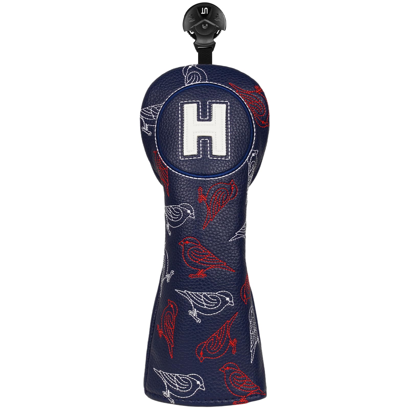 Golf Club Head covers Hybrid Utility Rescue with Interchangeable Number Tag 23456 UT Elastic Closure Dark Blue PU Leather Red & White Birdie Pattern