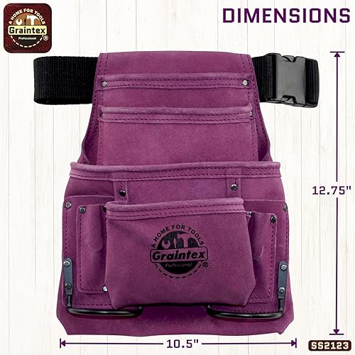 Miniatura 3 de Graintex SS2123 10 Pocket Nail & Tool Pouch Purple Color Suede Leather with 2” Webbing Belt for Constructors, Electricians, Plumbers, Handymen