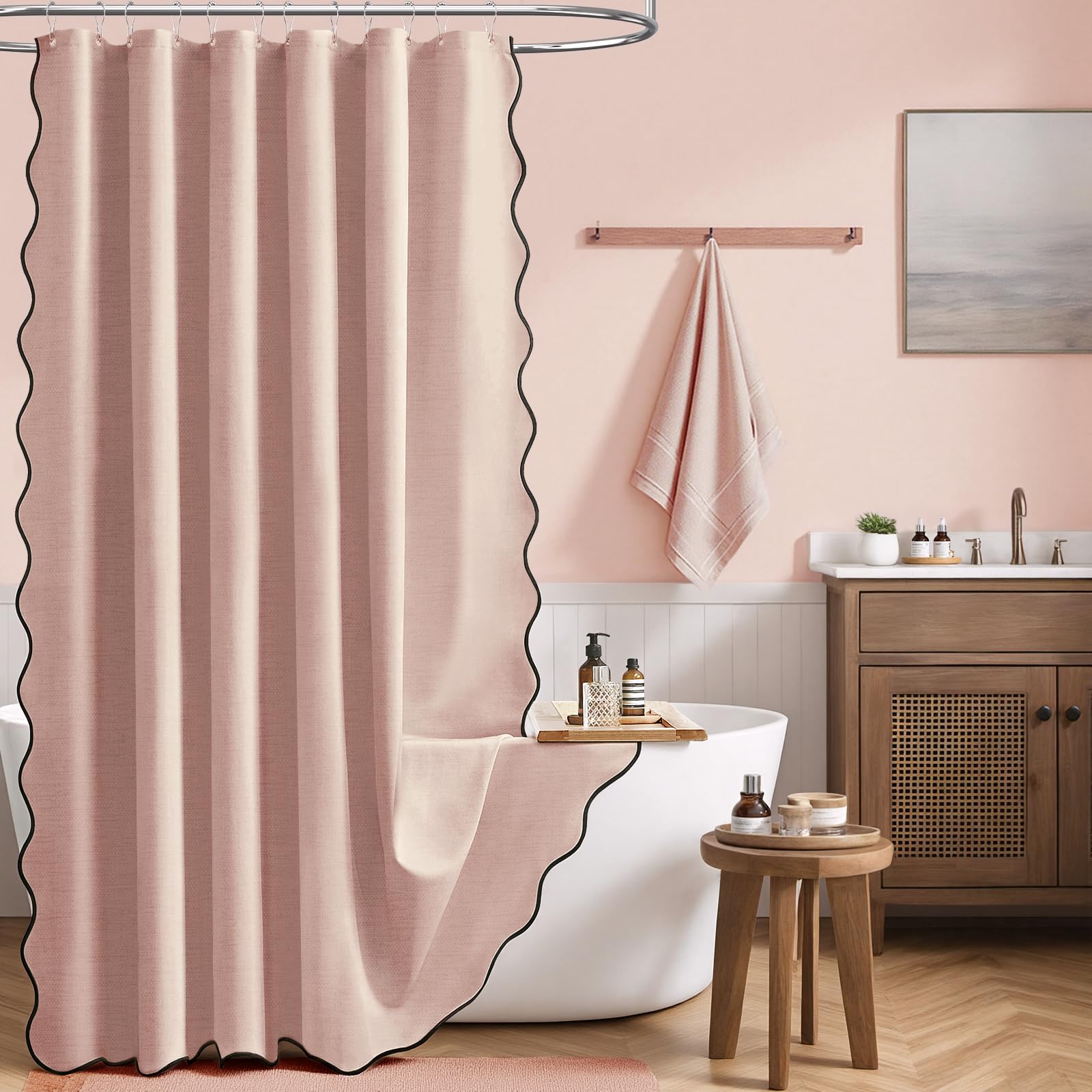 BTTN 93 x 183cm Blush Scalloped Shower Curtain, Boho Narrow Waterproof Linen Look Textured Fabric, Anti-Mould & Mildew Resistant, Small Vintage Shower Curtain Set with 6 Plastic Hooks, Blush