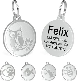 Ultra Joys Engraved Cat Name Tags Personalized - Stainless Steel Name Tag Pet Identification - Small Dog ID Tags Personalized for up to 4 Lines of Text - Pet ID Tags for Cat Collar - Owl