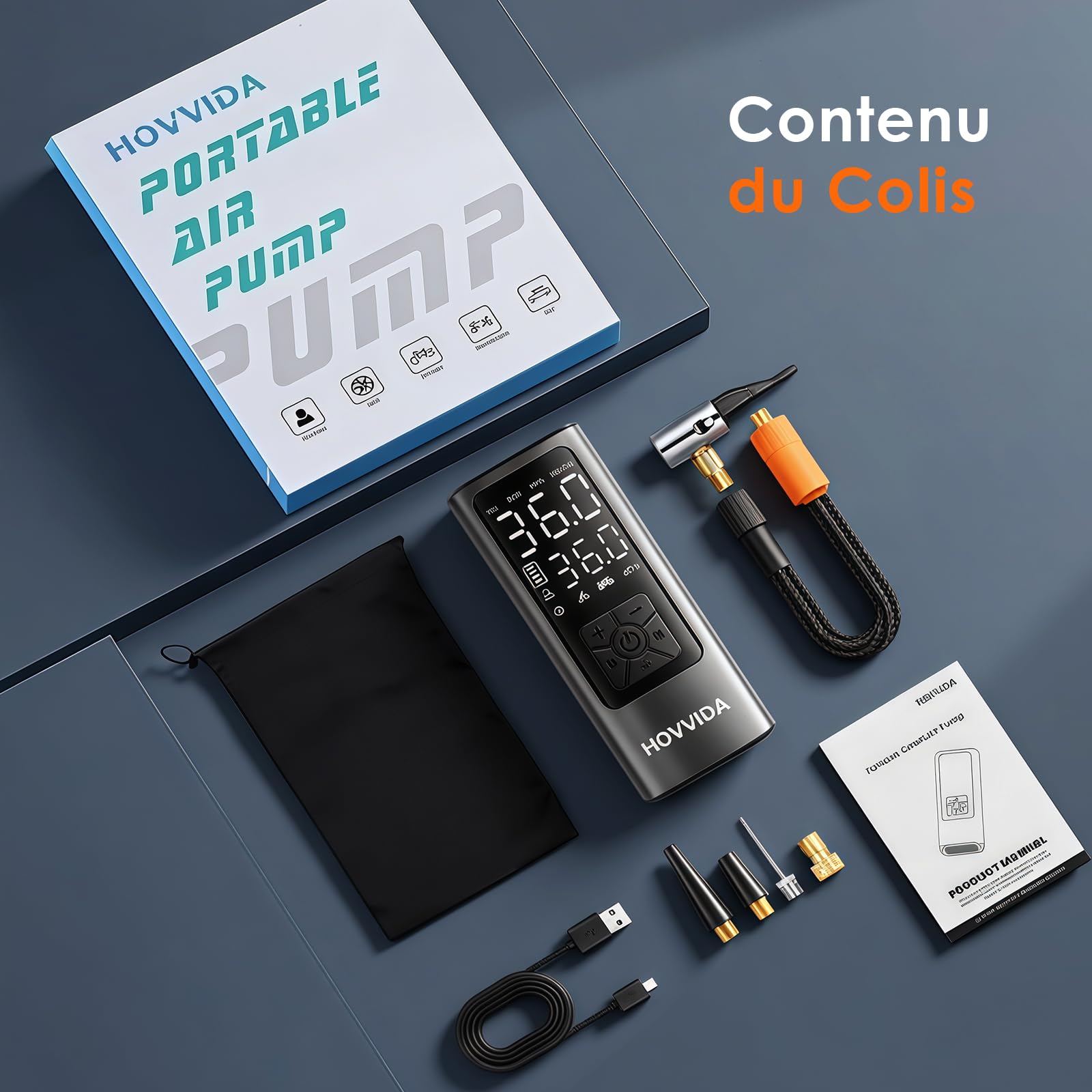 HOVVIDA Gonfleur Pneus Voiture, Compresseur à Air Portatif sans Fil, 150 PSI (10,3 Bar), Gonfleur Electrique, Pompe a Velo, Inflation Rapide, Arrêt Automatique, LED, pour Voiture, Moto, Vélo, Ballon