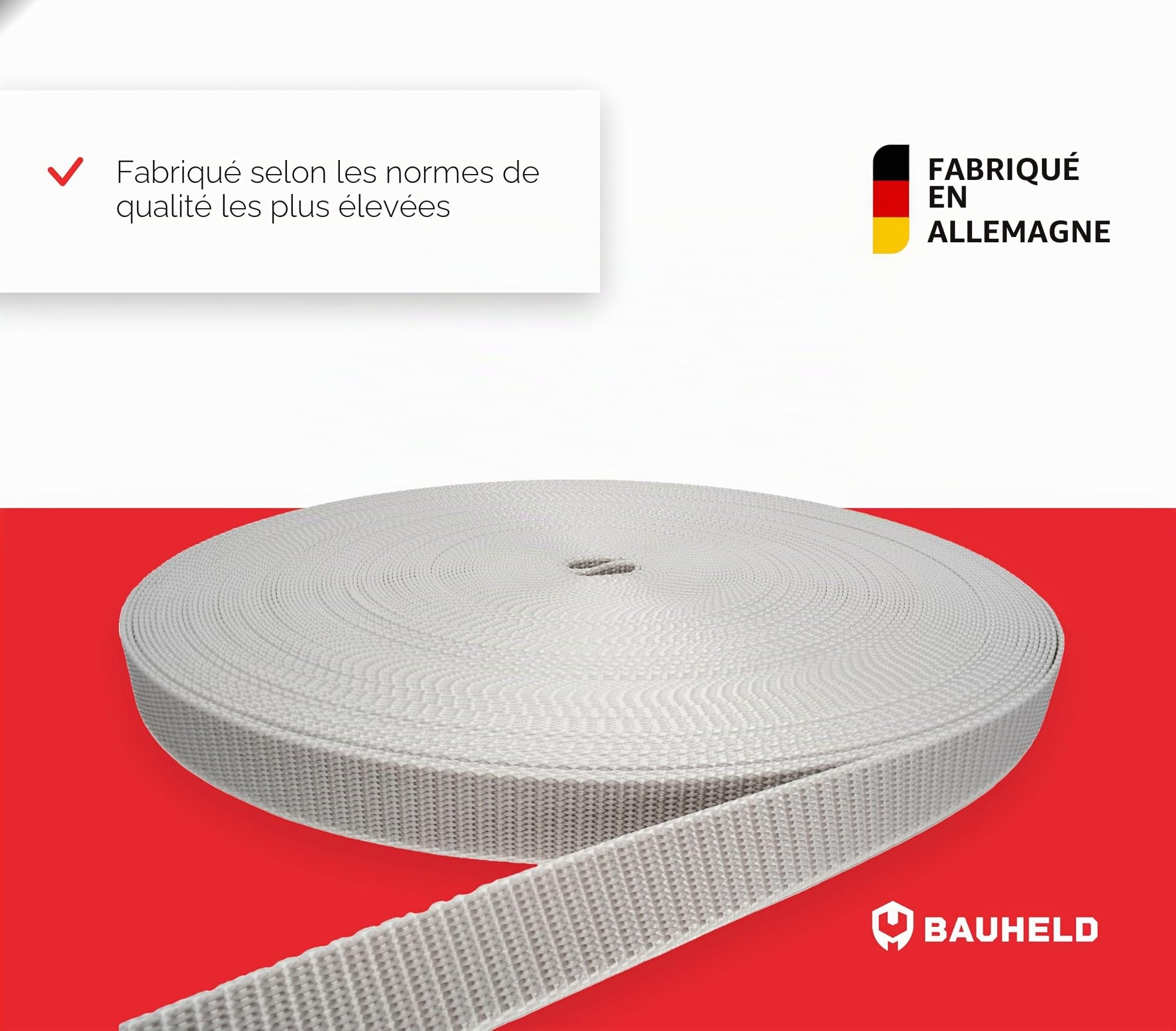 BAUHELD® Sangle de volet roulant de 50 m - 14 mm, 18 mm, 20 mm, 23 mm - Fabriquée en Allemagne - Convient pour volets roulants sur portes et fenêtres - Haute résistance à la déchirure et stabilité UV