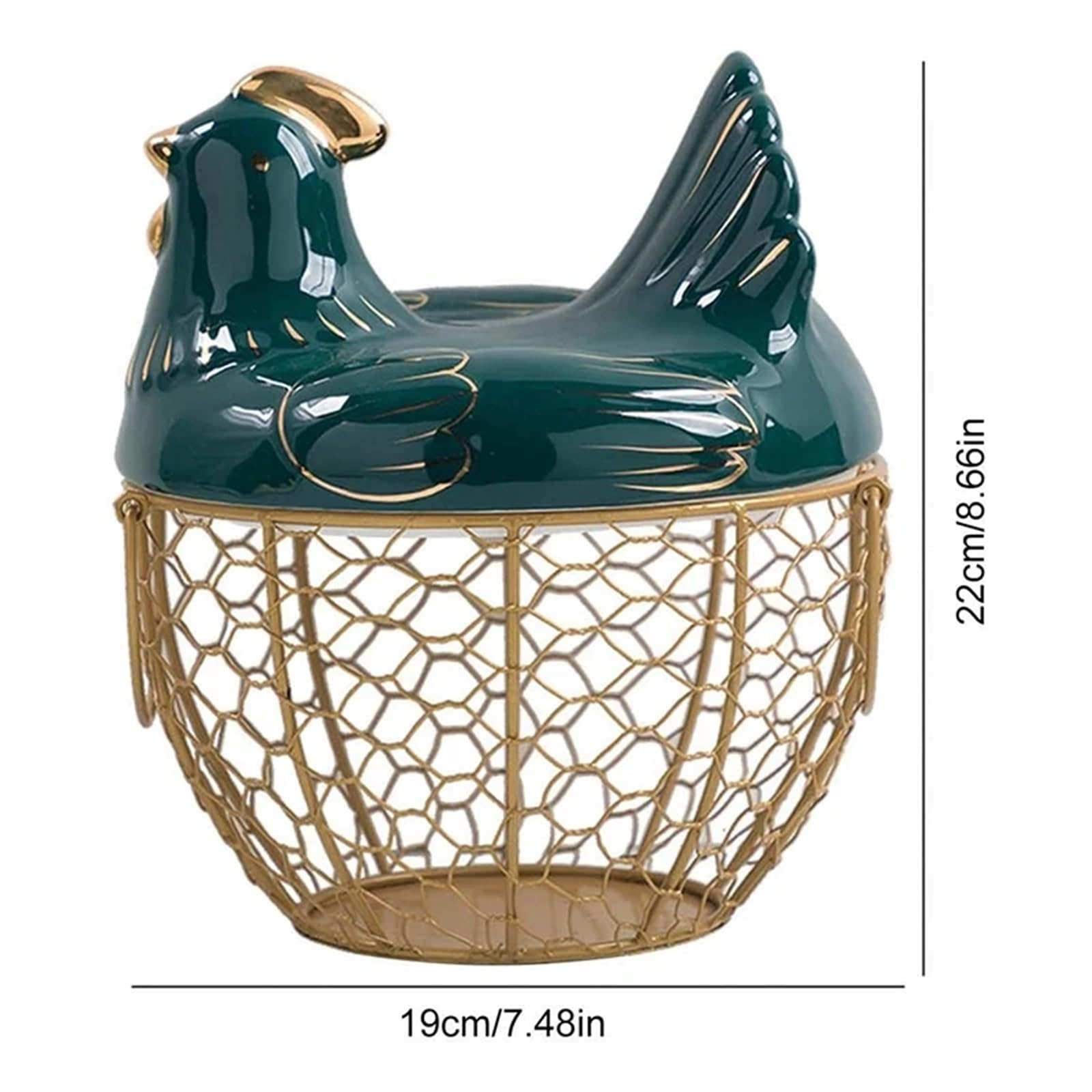 Cesta de fruta alambre metálico con tapa en forma pollo, huevera cerámica, capacidad for 30 huevos