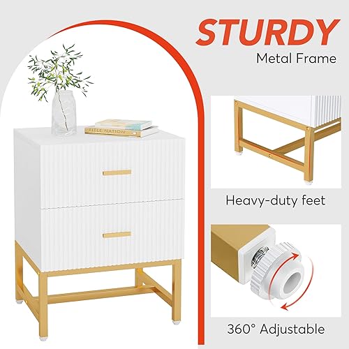Miniatura 6 de Tribesigns Mesita de noche Beadside Table Gold mesa auxiliar moderna con 2 cajones, mesa auxiliar de sofá de madera con 2 cajones para dormitorio,