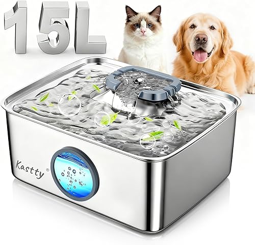 Kastty Fuente de agua para perros de 15L/4 galones, fuente de agua grande de acero inoxidable para mascotas con luz LED de nivel de agua,