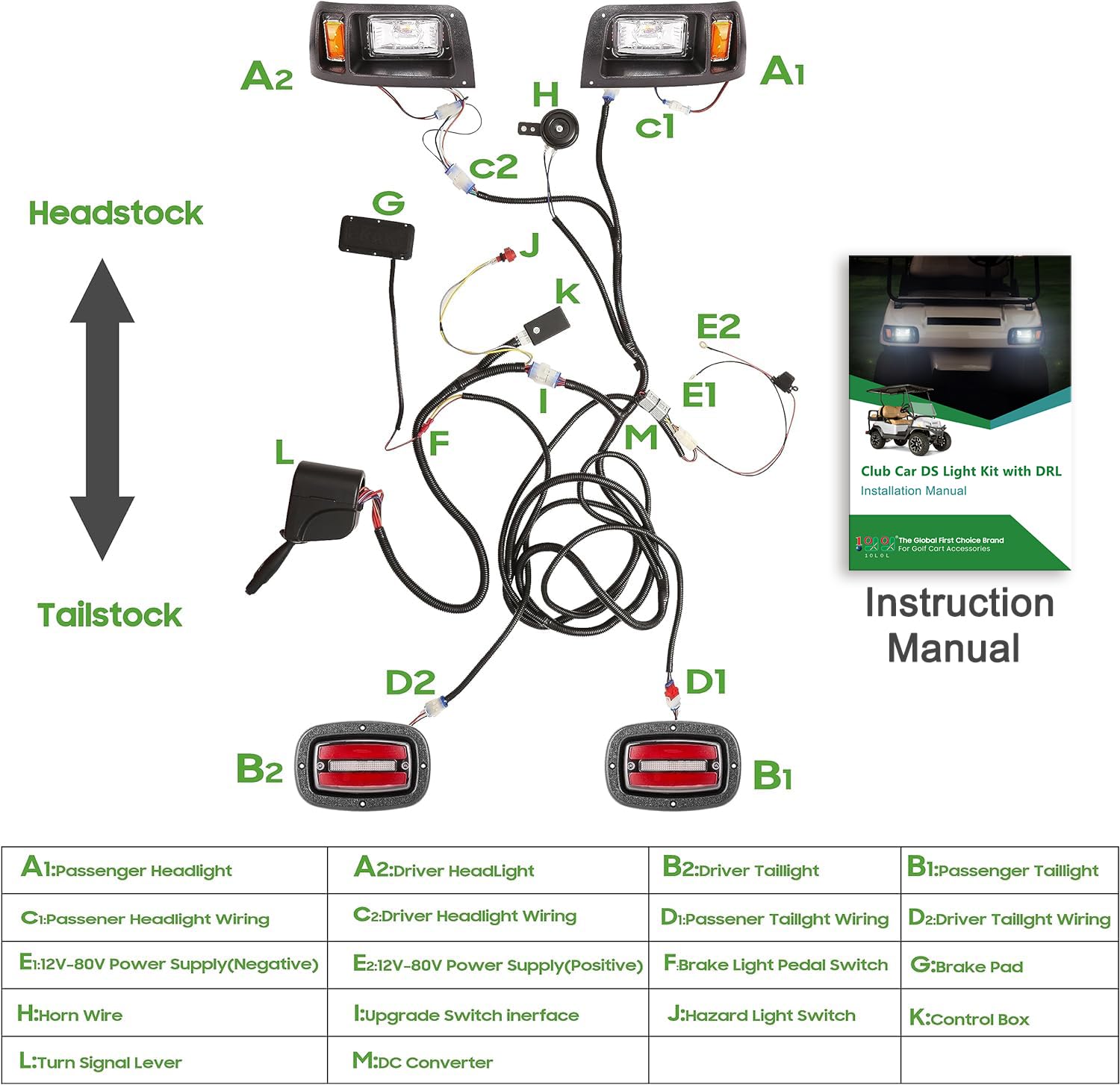 10L0L Golf Cart Deluxe LED Scheinwerfer Rücklicht Kit für Club Car DS Gas & Electric Modelle, mit Tagfahrlicht Abblendlicht Blinker Funktion