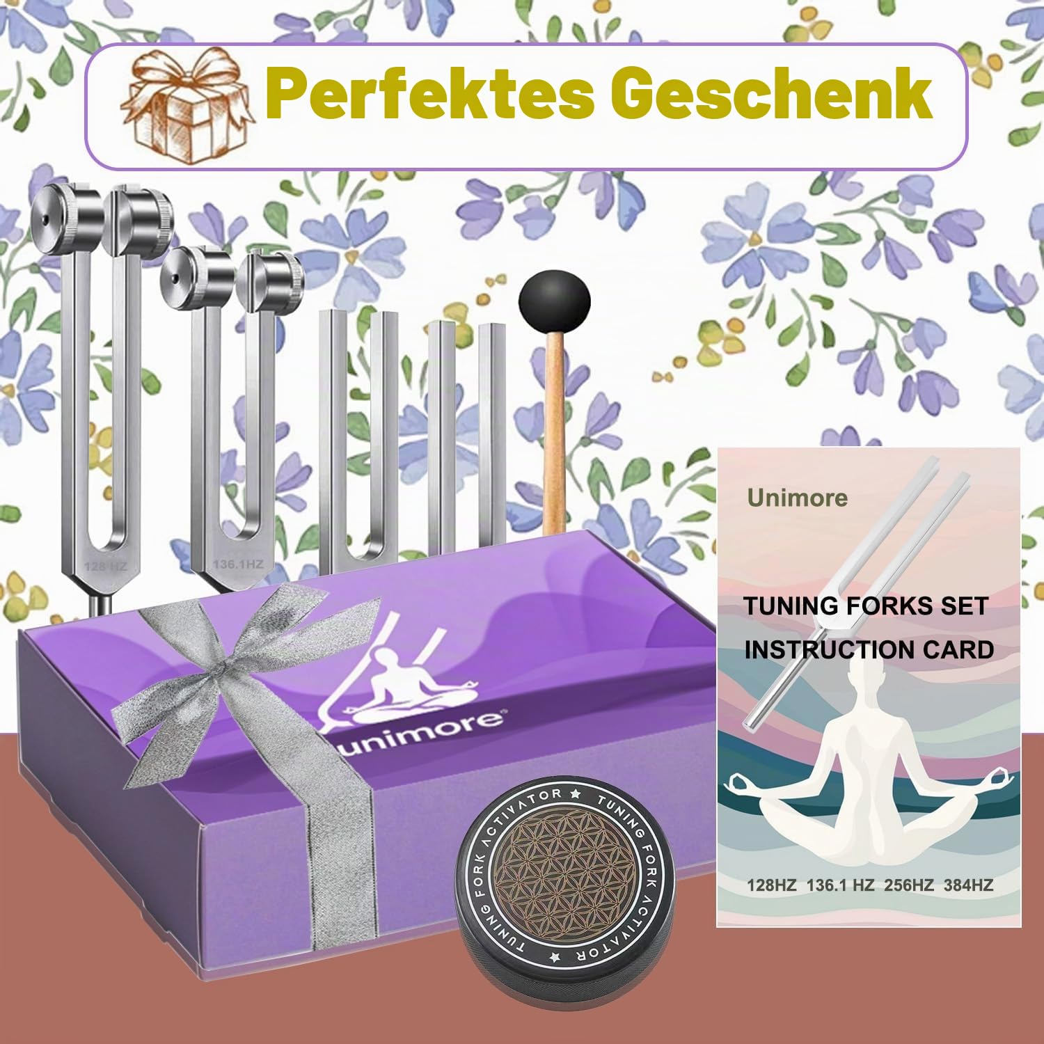 Stimmgabeln für Heilung Set, inklusive 128 Hz, 136 Hz, 256 Hz, 384 Hz & Aktivator, Edelsteinfüße, Yoga und Meditation, Zubehör in medizinischer Qualität, Klangtherapie-Musik-Stimminstrumente mit