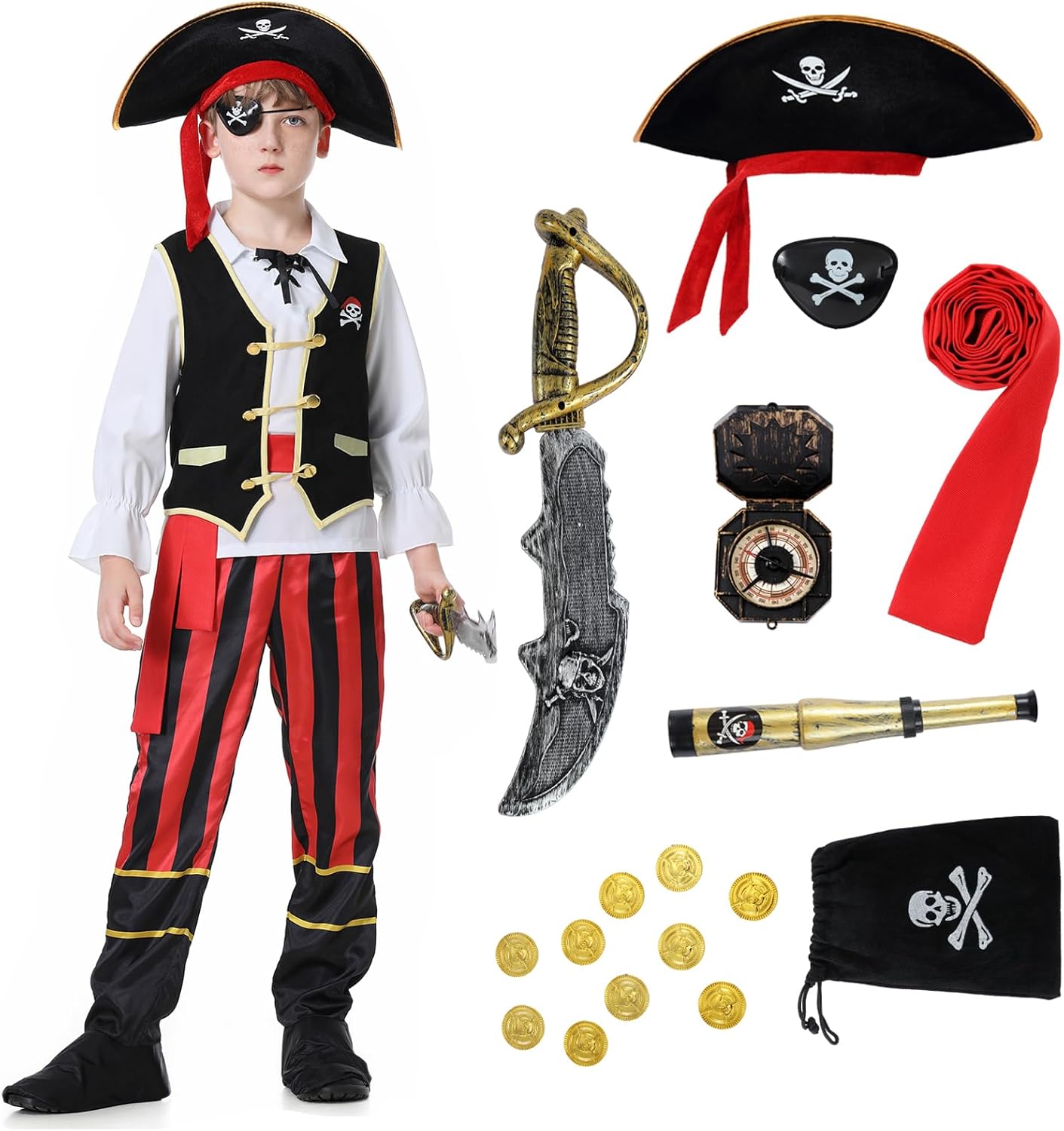 Antbutler Disfraz de pirata para niños, disfraz de pirata para niños, disfraz de pirata de Halloween, disfraz de cosplay para niños de 3 a 12 años