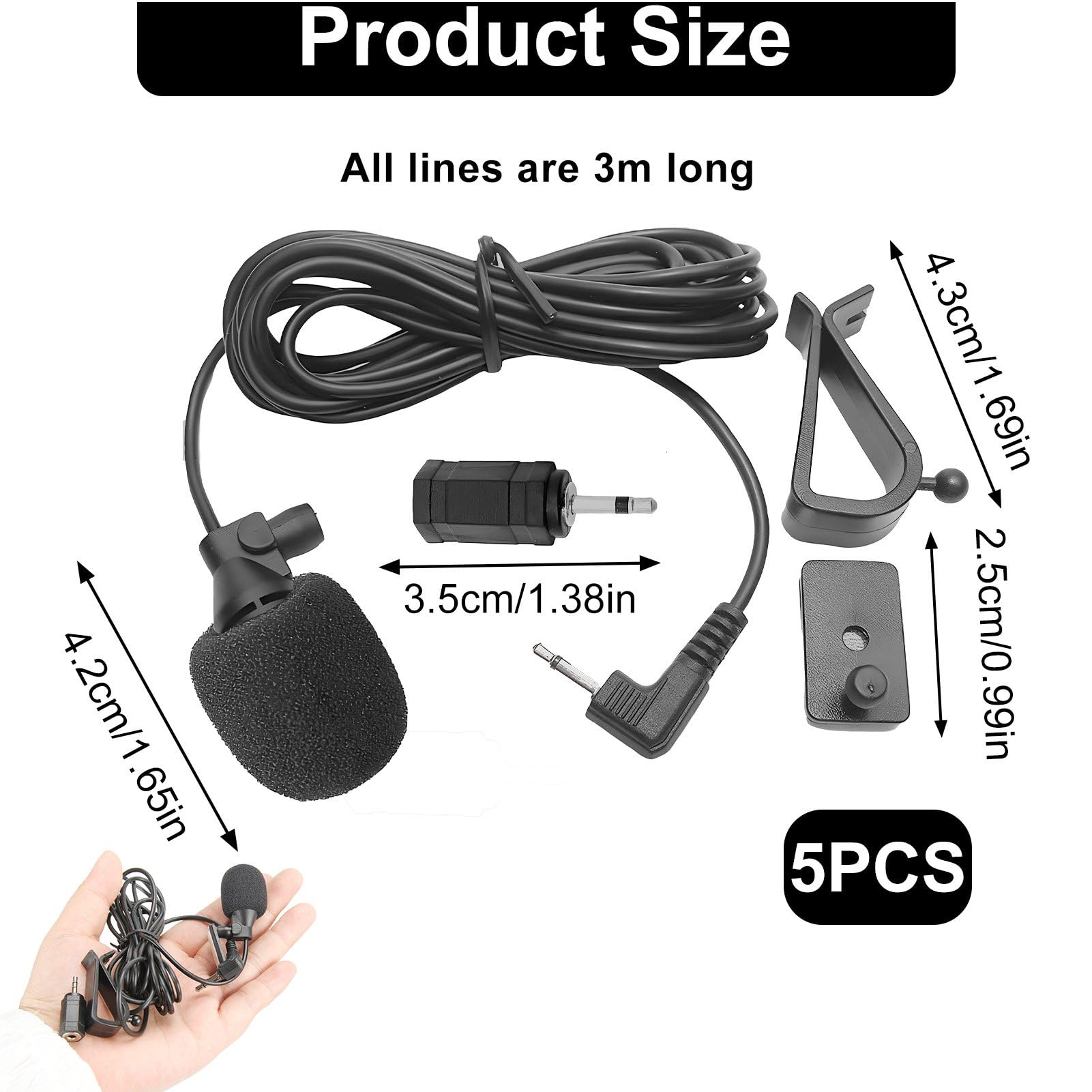 Microfono per Auto con Spugna Antirumore, Jack 3,5mm e 2,5mm, Clip di Montaggio, 3m di Cavo, Compatibile con Sony Pioneer Kenwood Boss JVC Jensen Alpine