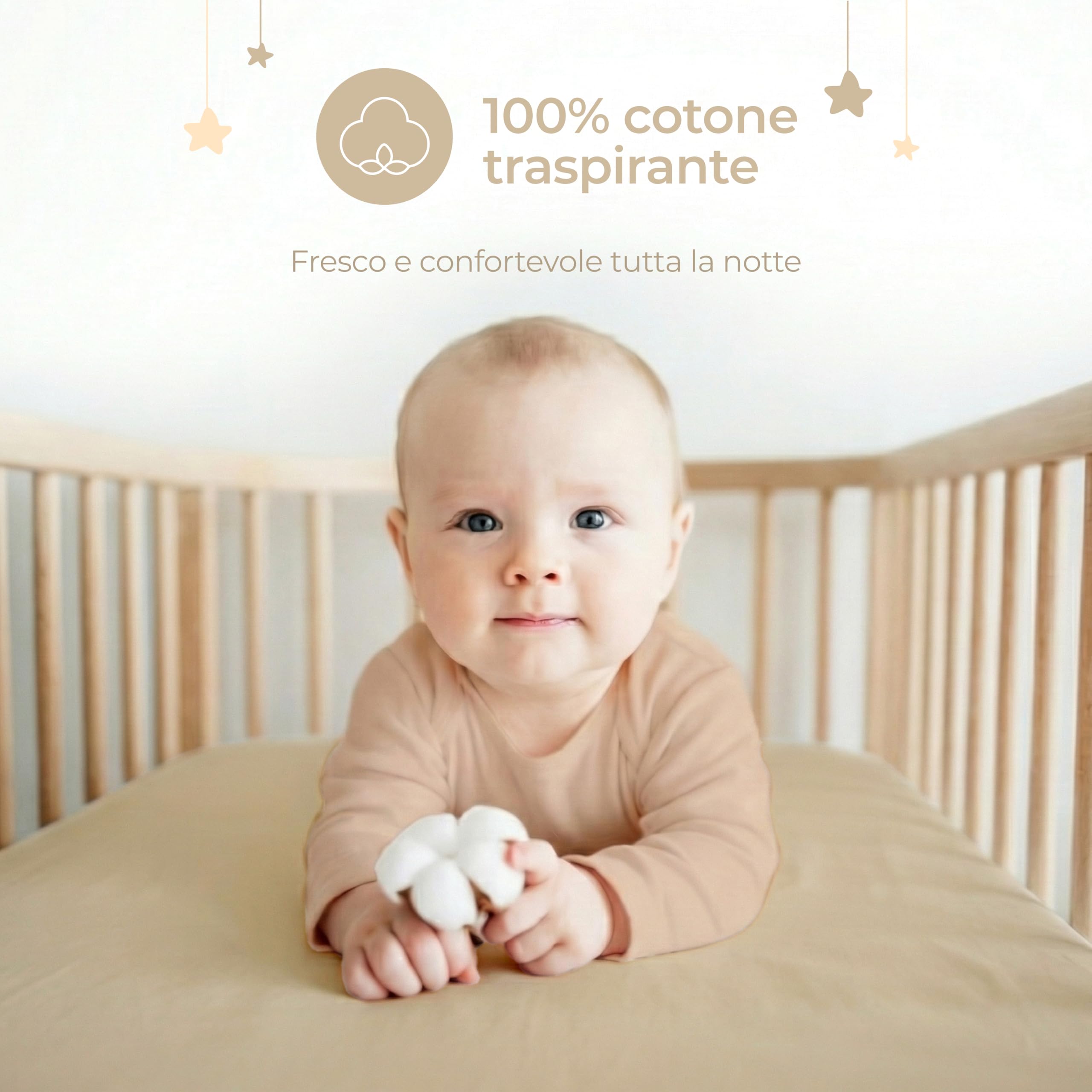 Dreamzie Set 2 Lenzuola Lettino 70x140 Cotone - Lenzuolo Con Angoli, Oeko-Tex Certificato - Per Lettino Con Sbarre E Letto Bambini - Beige/Bianco