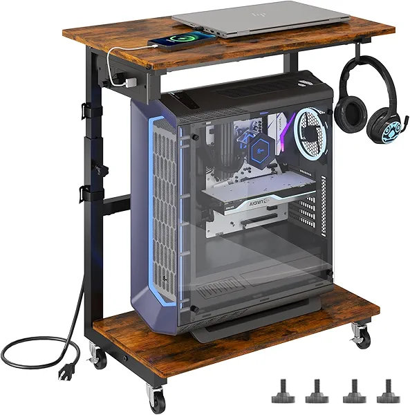 HavenlyYouth 2-Tier Computer Tower Stand with Power Outlet, Height Adjustable PC Tower Stand with Wheels, ATX-Case CPU Holder Cart with Hooks for Home, Office, Gaming (Brown)